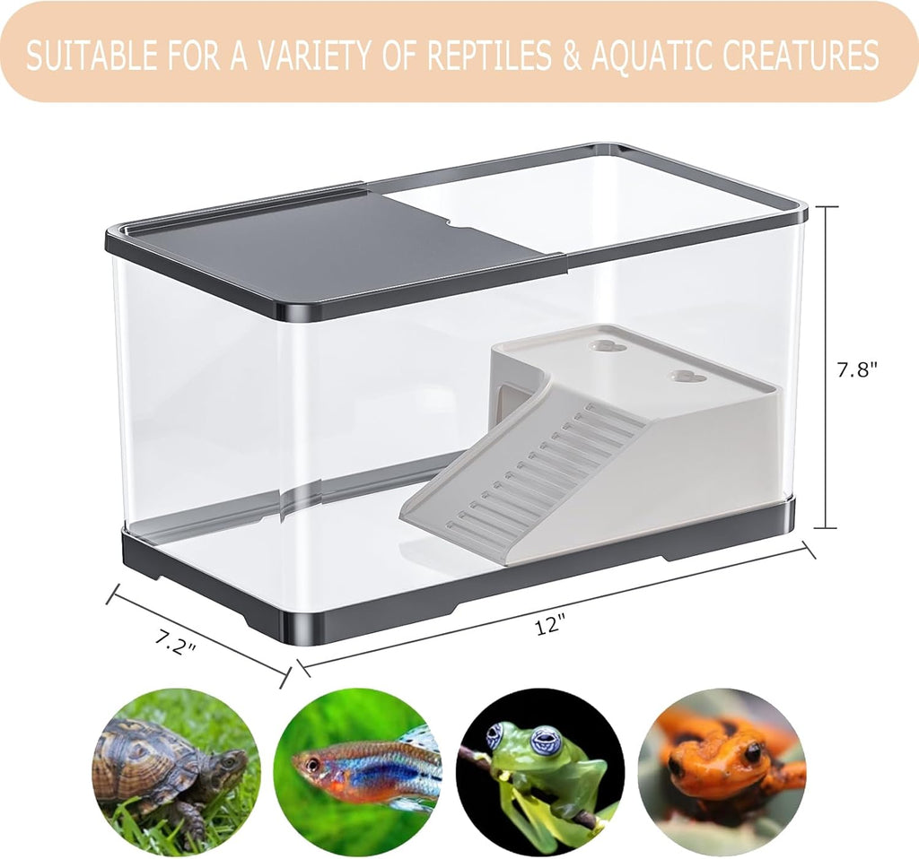 Turtle Tank Starter Kit, Upgraded Aquarium Fish Tank Kit with Filter,Fish Net, Reptile Habitat with Adjustable UV Lamp & Lid,Bask Platform for Crabs,Amphibians,Reptiles.(12"x7.7"x7.2")