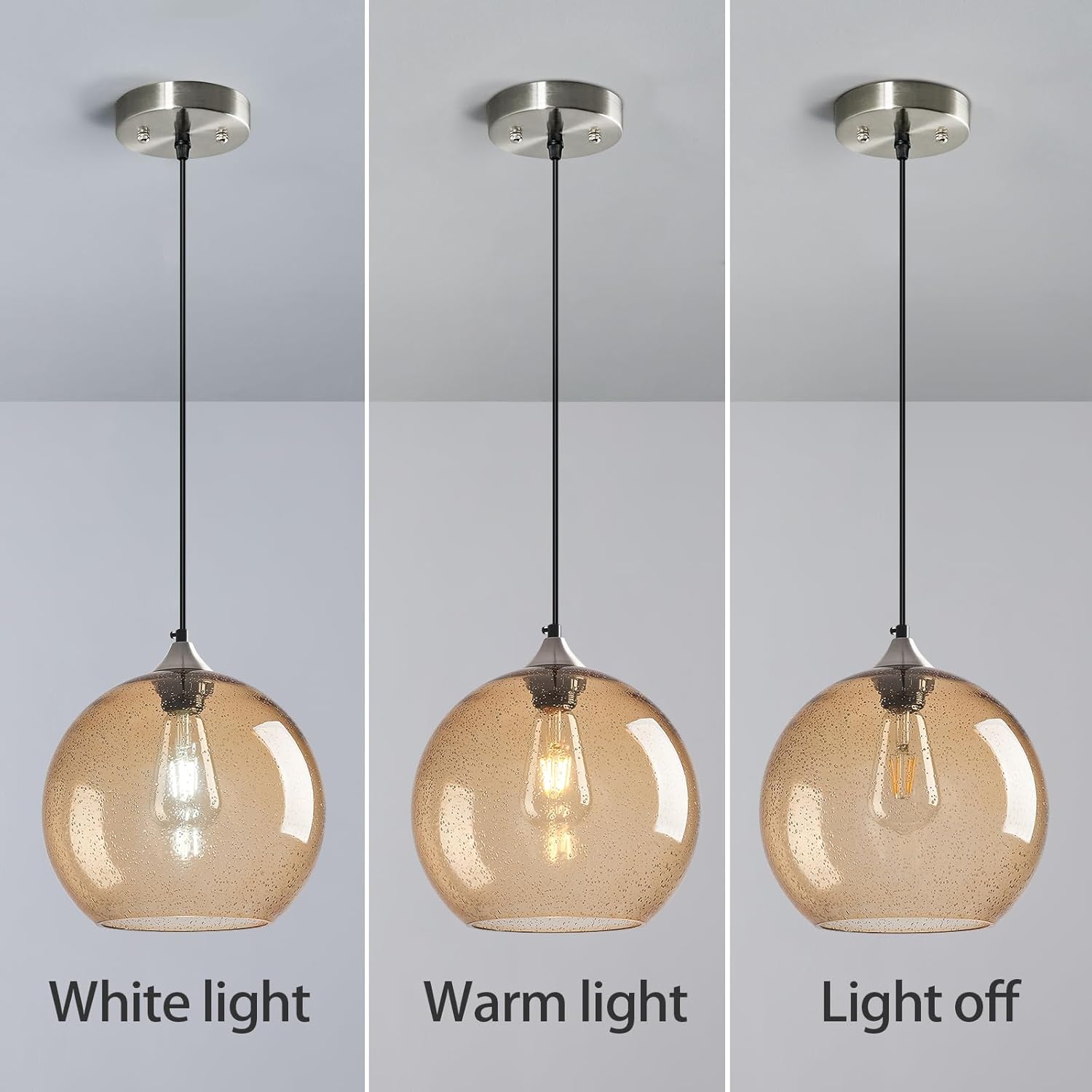 Light Brown Glass Pendant Lights Kitchen Island Globe Pendant Light Fixtures Modern Pendant Lighting for Bedroom Living Dining Room Light Fixture (9.84 in, 1 Pack)