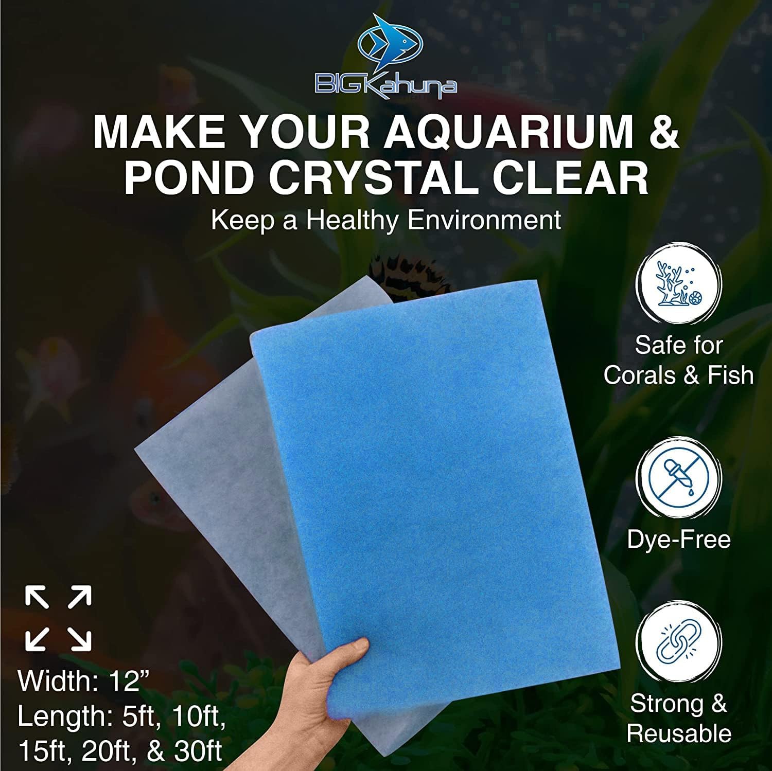Big Kahuna Aquarium Filter Floss for Fish Tank Filters – Aquarium Filter Pad – 3/4-1 Inch Thick 12 Inch Wide 10 Feet Long - Media Roll for Healthy Water in Freshwater Aquariums or Marine Aquariums