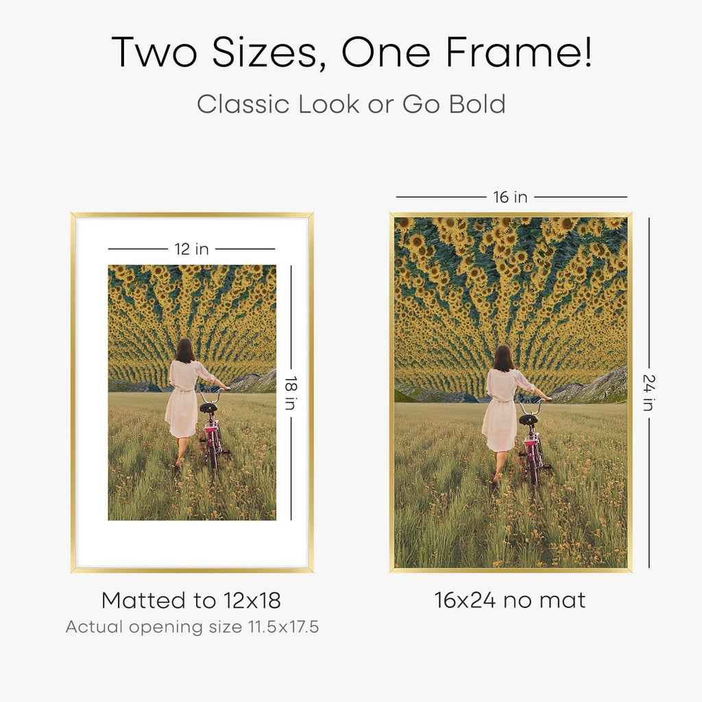 Homeforia 16 x 24 Picture Frame Gold, High End Metal 16x24 Poster Frames with Mat 12x18 Photo, 16 x 24 Gold Frame Matted to 12 by 18 Print, 24x16 Thin Hanging Frame, Tempered Glass, Wall Kit, Set of 4