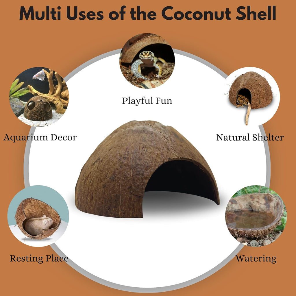 Natural Coconut Shell Hideout Cave, 5" Aquarium Fish & Reptile Hide Cave, Leopard Gecko Tank Accessories, Crested Geckos, Hermit Crabs, Spider, Snails & Small Lizards Climbing Toy & Decor