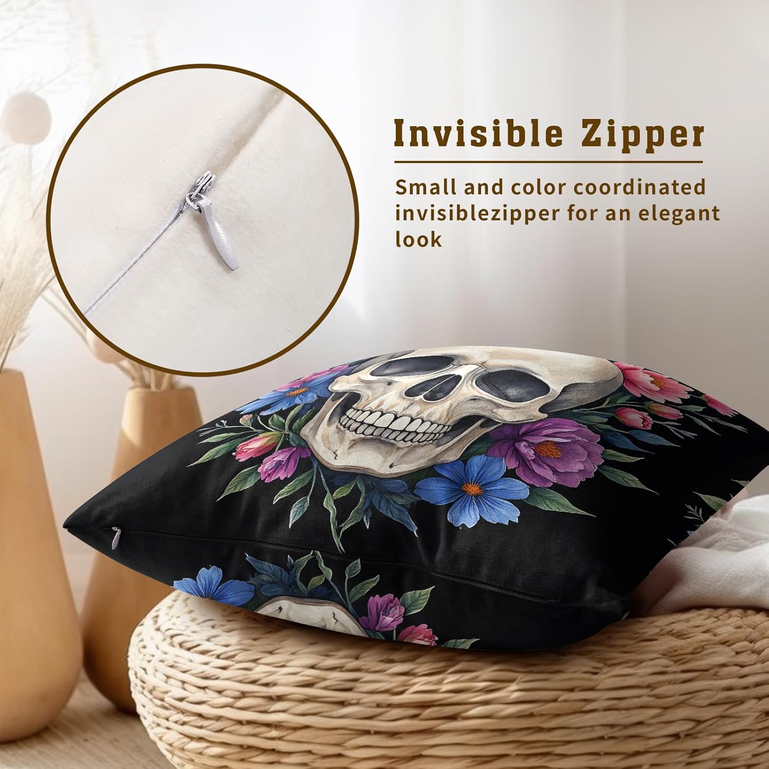 Bohemian Skull Throw Pillow Covers Set of 2 Ultra-Soft All-Season Pillow Shams with Hidden Zipper,Durable for Sofa Bed Car Decor & Gift Luxury 18x18IN