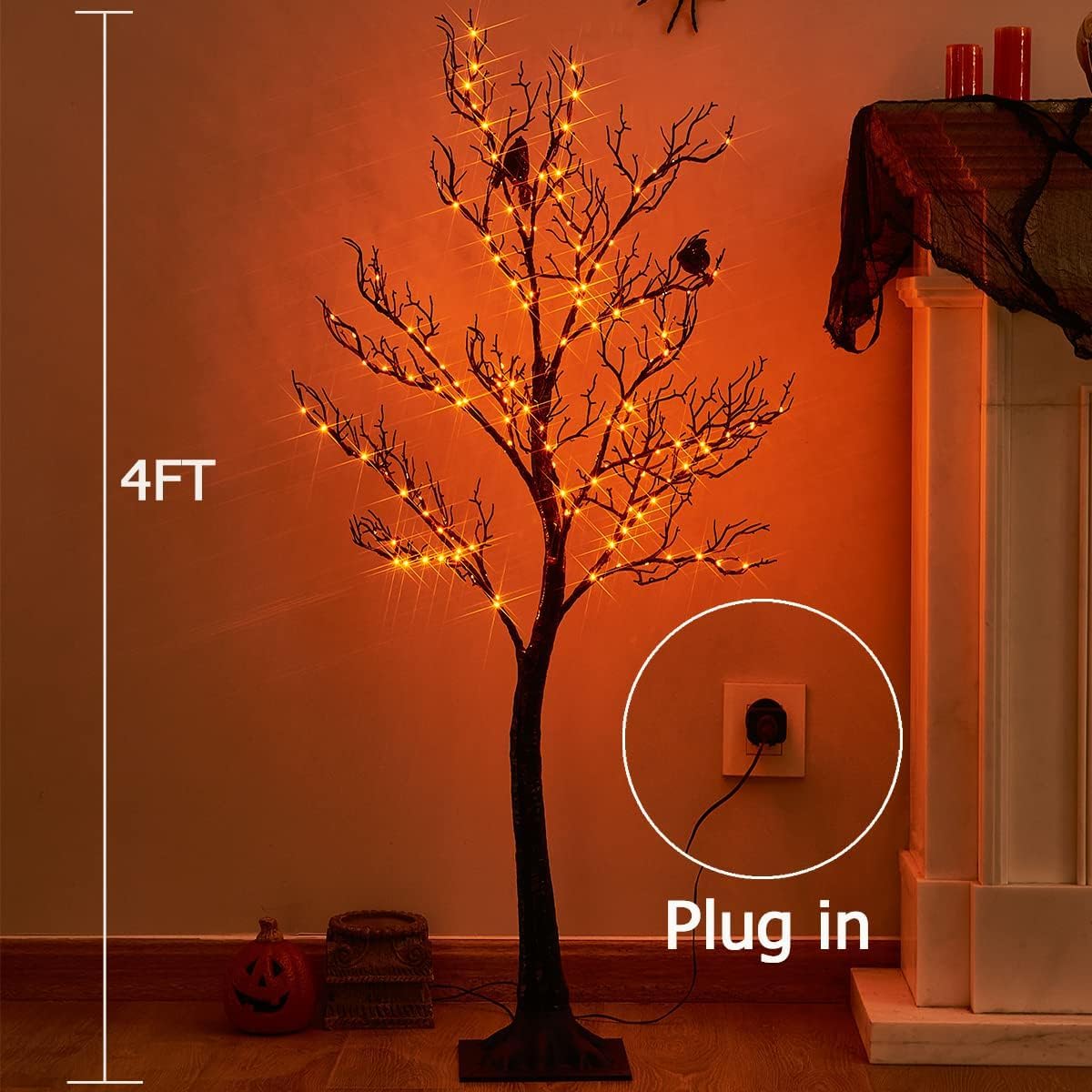 Birchlitland Halloween Tree with Lights 150 Orange Fairy Lights, 4TF Tell Black Glittered Tree Lights Pull in for Indoor and Outdoor Halloween Party Decoration