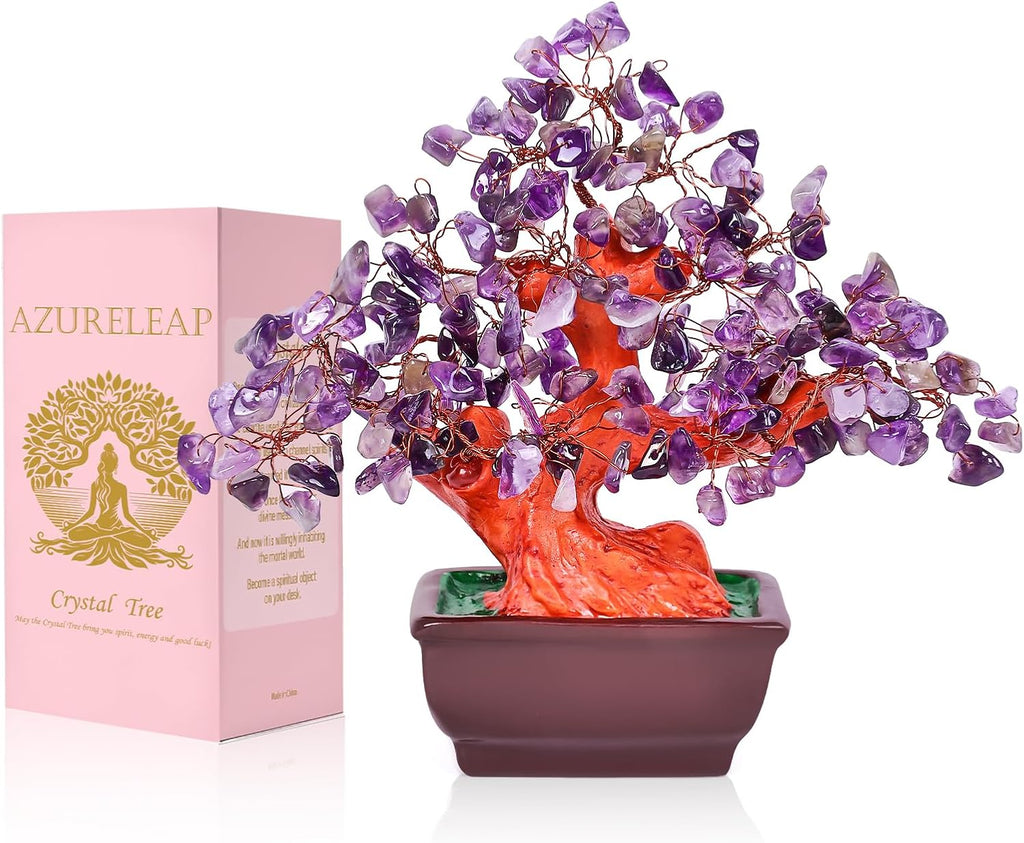 Feng Shui Quartz Crystal Money Tree Bonsai Style Decoration for Luck and Wealth (Purple)