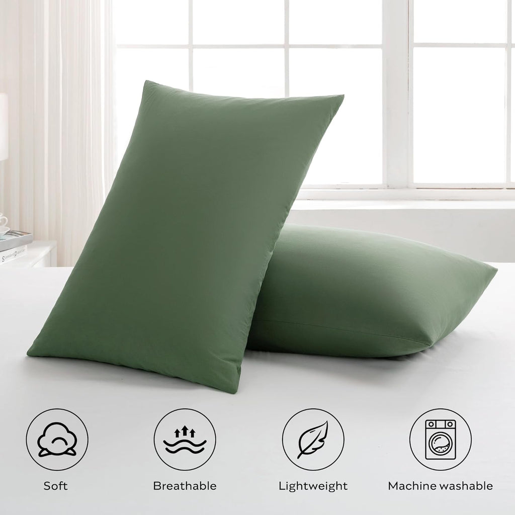 JELLYMONI Pillowcases Standard Set of 2 Cotton Envelope Pillow Covers Green 20×26in Bed Pillow Cases 100% Washed Cotton Soft Breathable (Pillows are not Included)