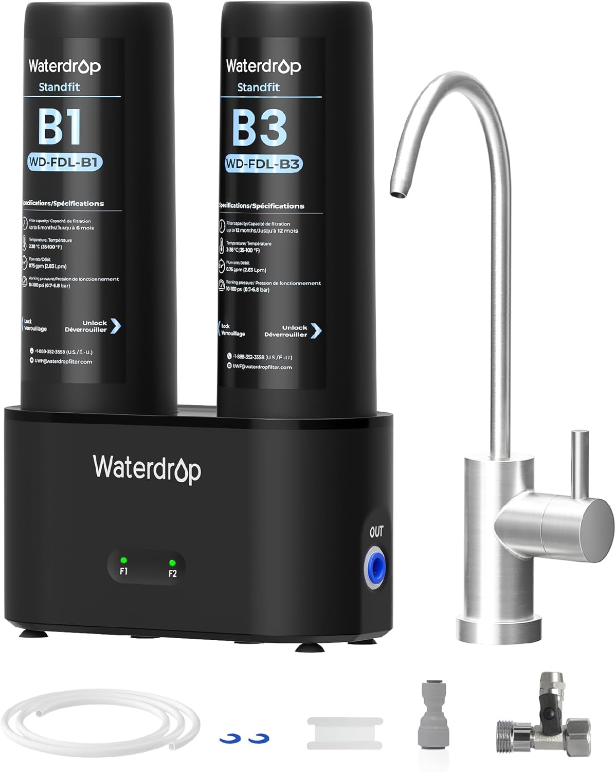 Waterdrop DLB Under Sink Water Filter, Reduces Chloramine, Chlorine, Bad Taste/Odor, Under Sink Water Filtration System with Separate Faucet,Water Filter for Sink Faucet,Life Indicator, Quick Change
