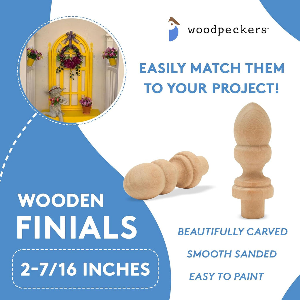 Small Wood Finials, 2-7/16 inch Wooden Finials for Crafting, DIY Décor, and Wooden Finial Crafts, Pack of 12, by Woodpeckers