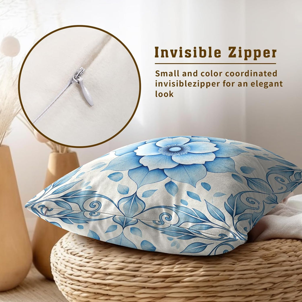 Boho Chic Blue Lotus Throw Pillow Covers Set of 2 Ultra-Soft All-Season Pillow Shams with Hidden Zipper,Durable for Sofa Bed Car Decor & Gift Luxury 18x18IN