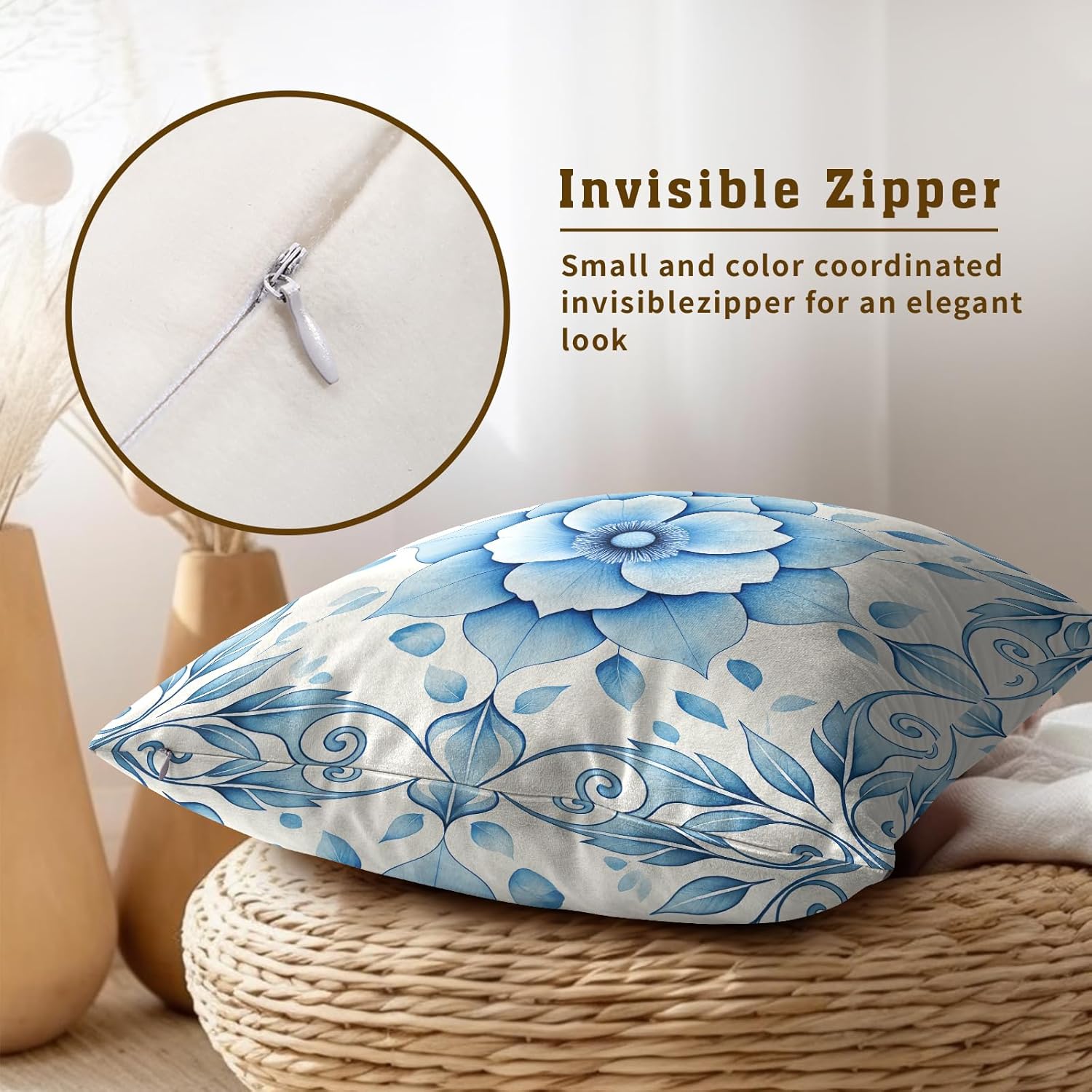 Boho Chic Blue Lotus Throw Pillow Covers Set of 2 Ultra-Soft All-Season Pillow Shams with Hidden Zipper,Durable for Sofa Bed Car Decor & Gift Luxury 18x18IN