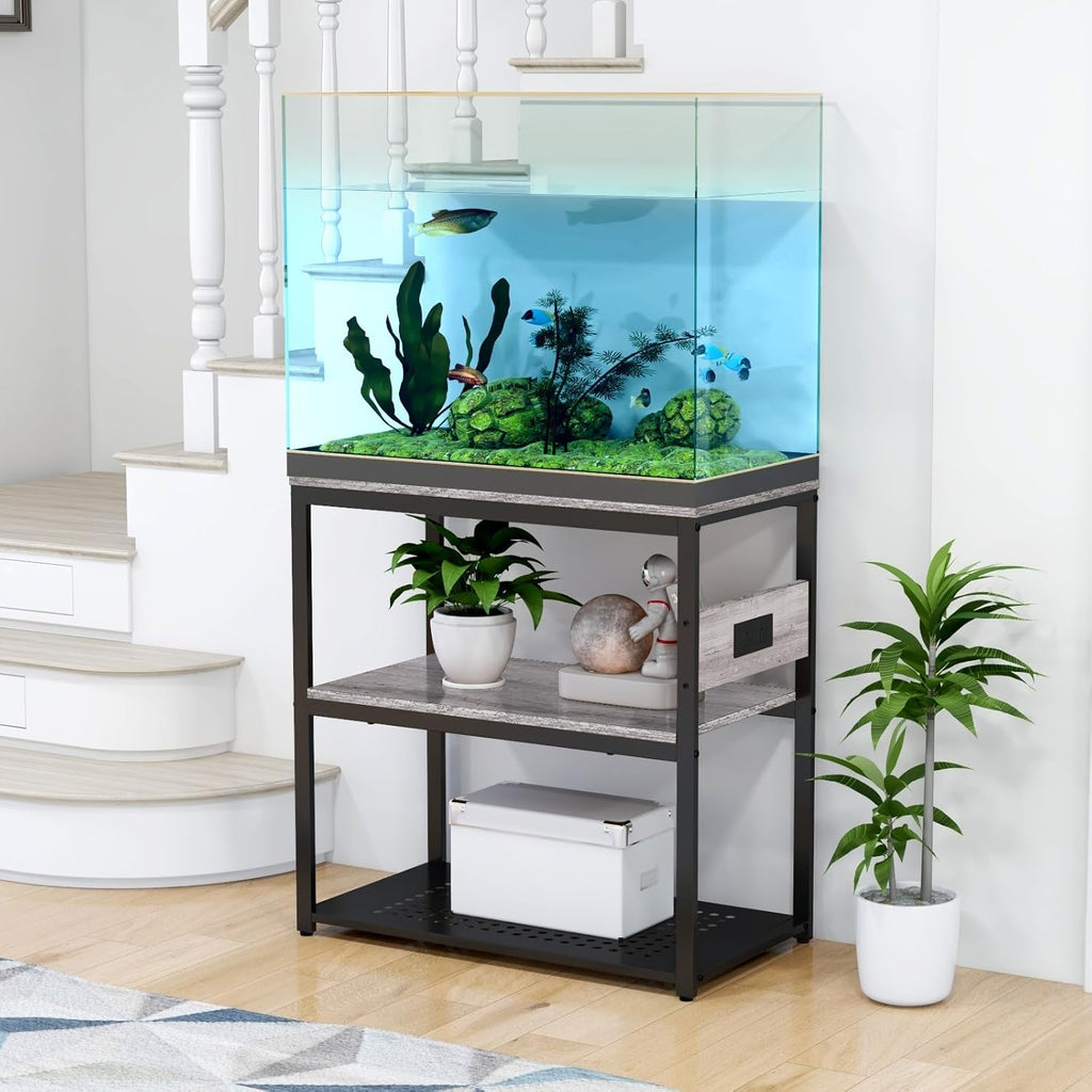 Livofloral 20-29 Gallon Fish Tank Stand With Power Outlets, 3-Tier Metal Aquarium Stands, Breeder Reptile Tank Stand with Shelf for Home Office, 660LBS Capacity, 29.5 x 15.8 x 30.1 inches, Grey
