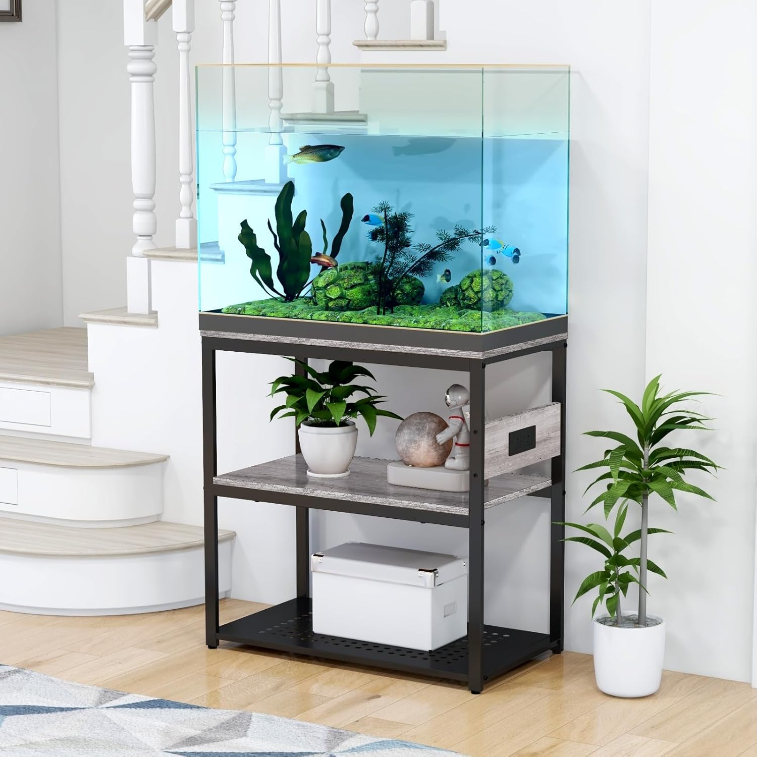 Livofloral 20-29 Gallon Fish Tank Stand With Power Outlets, 3-Tier Metal Aquarium Stands, Breeder Reptile Tank Stand with Shelf for Home Office, 660LBS Capacity, 29.5 x 15.8 x 30.1 inches, Grey