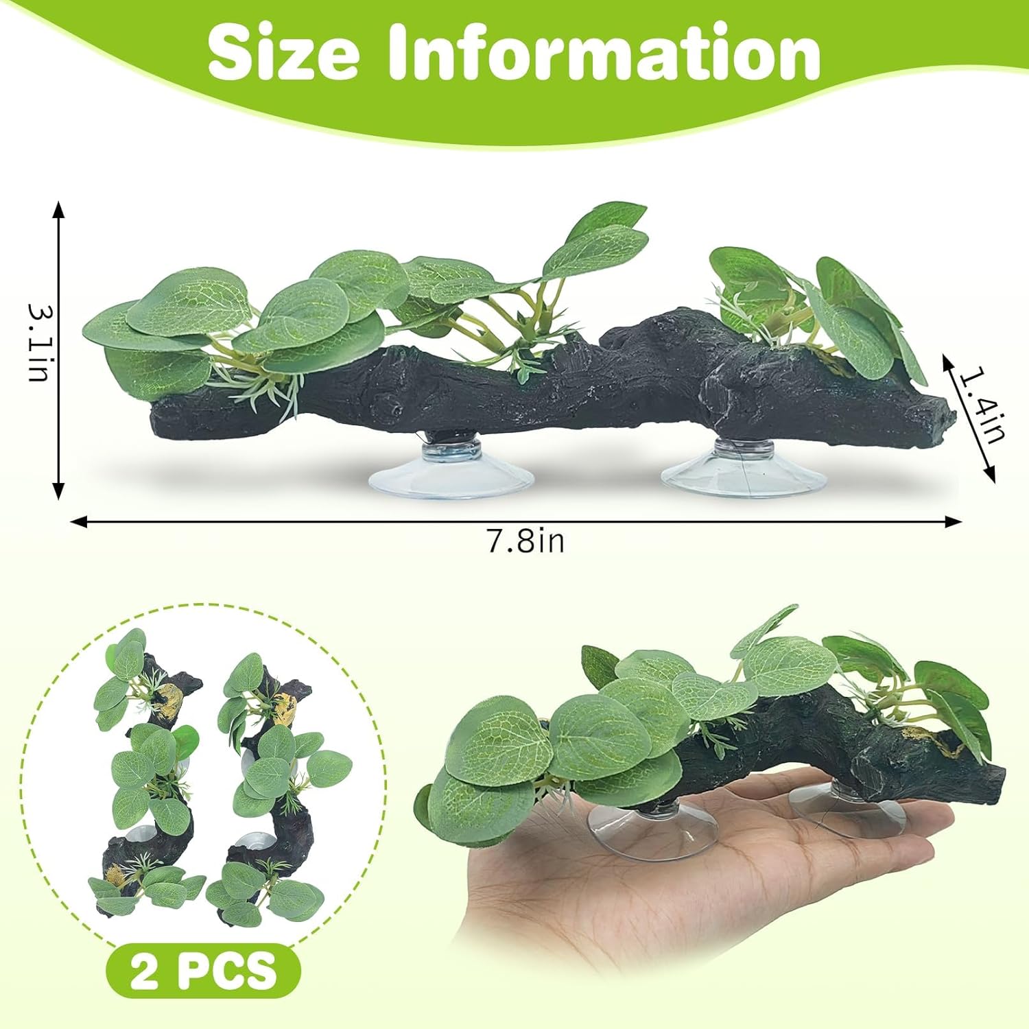 kathson 2 PCS Reptile Corner Branch Resin Snake Climbing Accessories with Leaves Terrarium Plant Decoration with Suction Cup for Bearded Dragon Lizard Frog Gecko Spider Climbing 7.8 x 3.1 x 1.4 inches