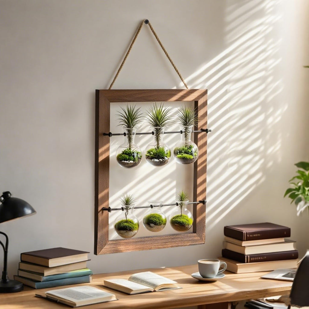 Elsjoy Wall Hanging Glass Planter, Double Layer Plant Terrarium Propagation Station, Mini 6 Bulb Vase with Wooden Stand and Rope for Hydroponics Plants, Home Decor, Indoor Outdoor