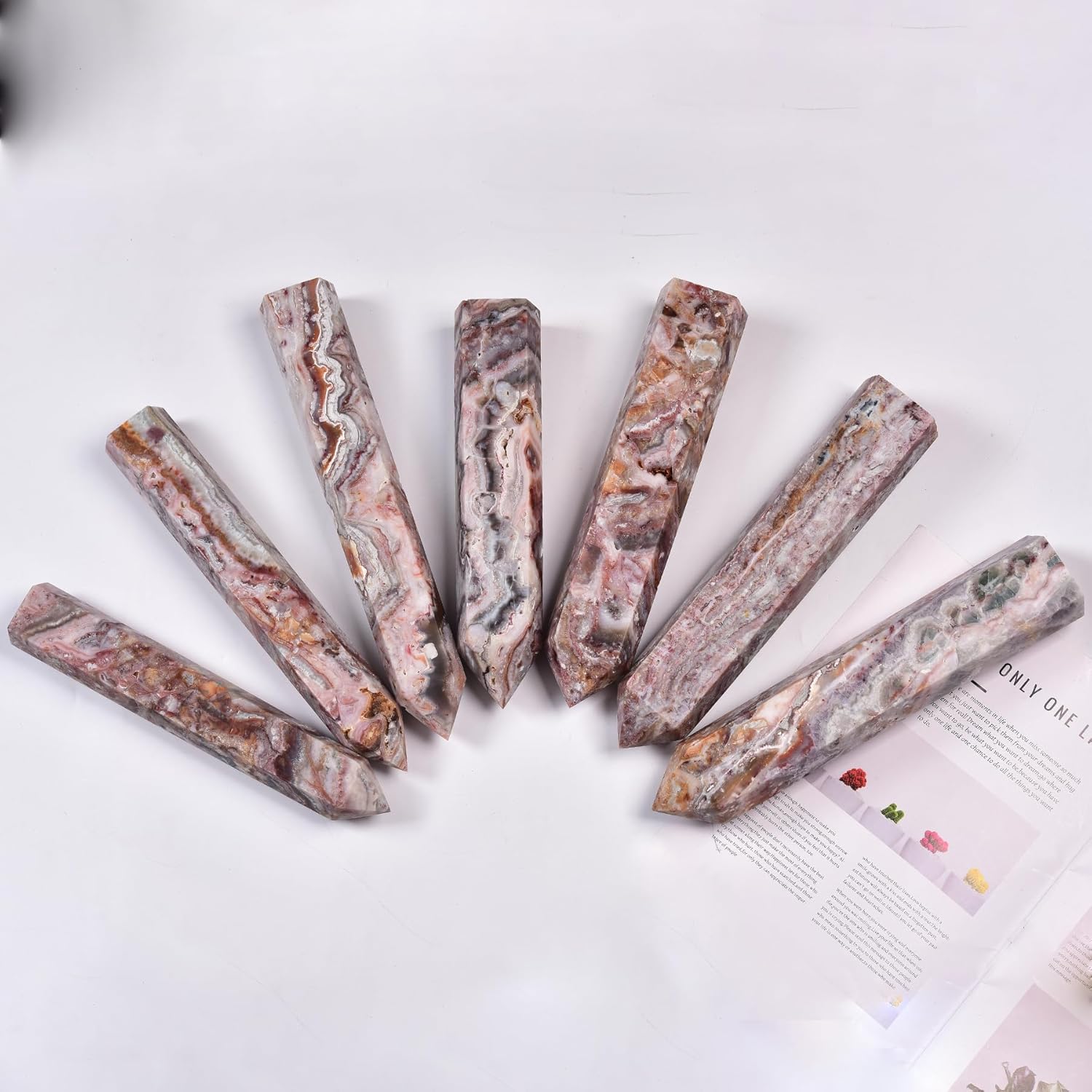 JIC Gem Natural Large Quartz Crystal Stone Striped Agate Gemstone Tower Point 6 Faceted Chrysocolla Crystal Healing Wand Reiki Chakra Decor 4.0-4.4 Lbs