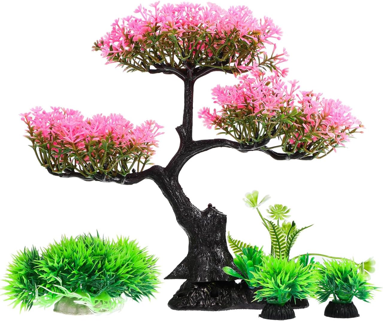 Garneck Aquarium Artificial Plants Pink Cherry Blossom Tree Grass Set Fish Decorations for Tank Accessories Home Office Fish Tank Aquarium Decorations