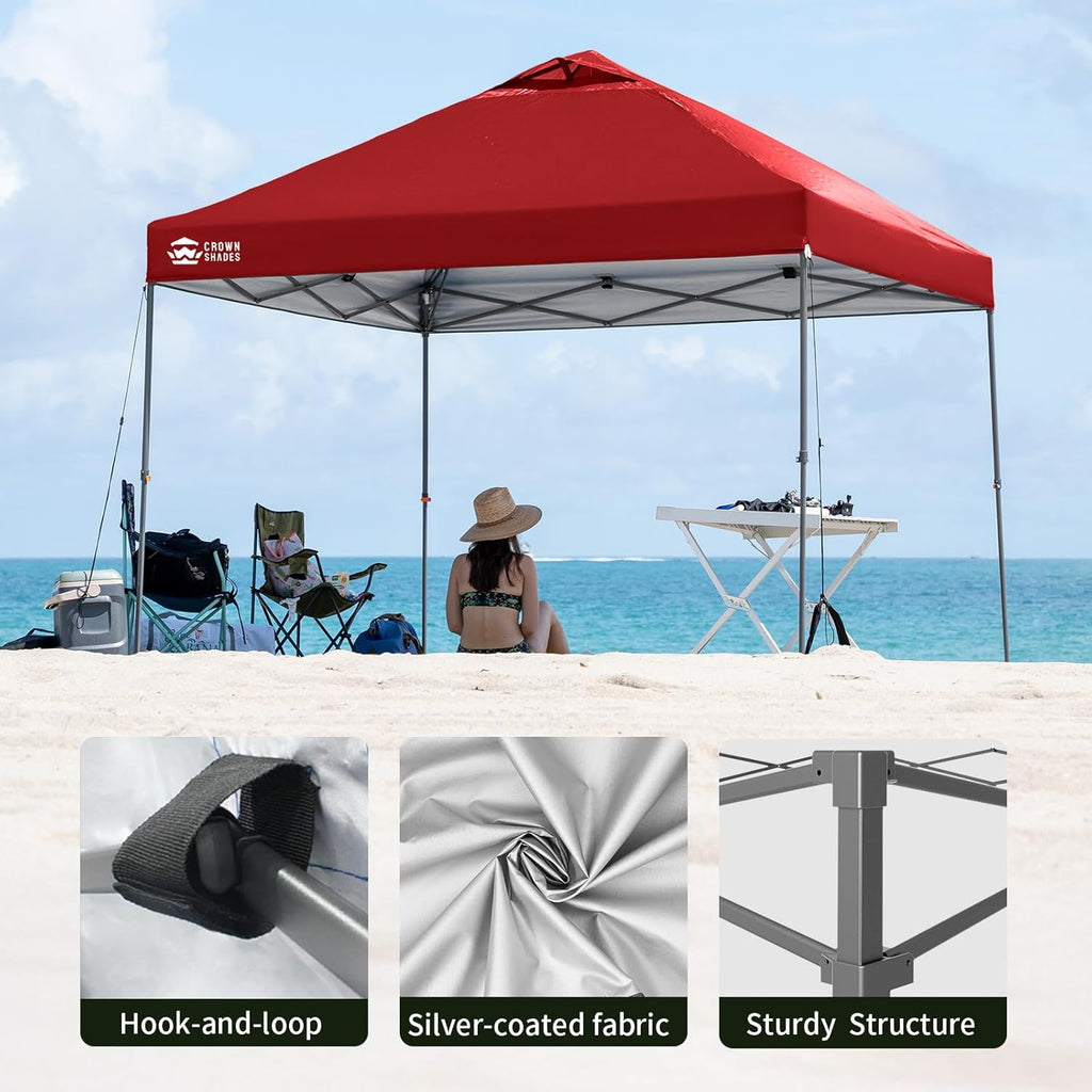 CROWN SHADES Adjustable Height on The Fly, 10x10 Pop Up Canopy - Beach Tent with One Push Setup - Easy Outdoor Sun Shade for Events, Parties, Camping - Outside Shade with STO-N-Go Bag, Red