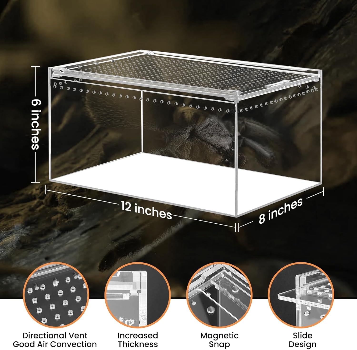 Reptile Tank Enclosure with Magnetic Button.12*8*6"Thicken Snake Enclosure Cage,Cross Ventilation Reptile Terrarium,5 Gallon Acrylic Enclosure Tarantula Enclosure for Snake,Hermit Crab,Frog,Tortoise
