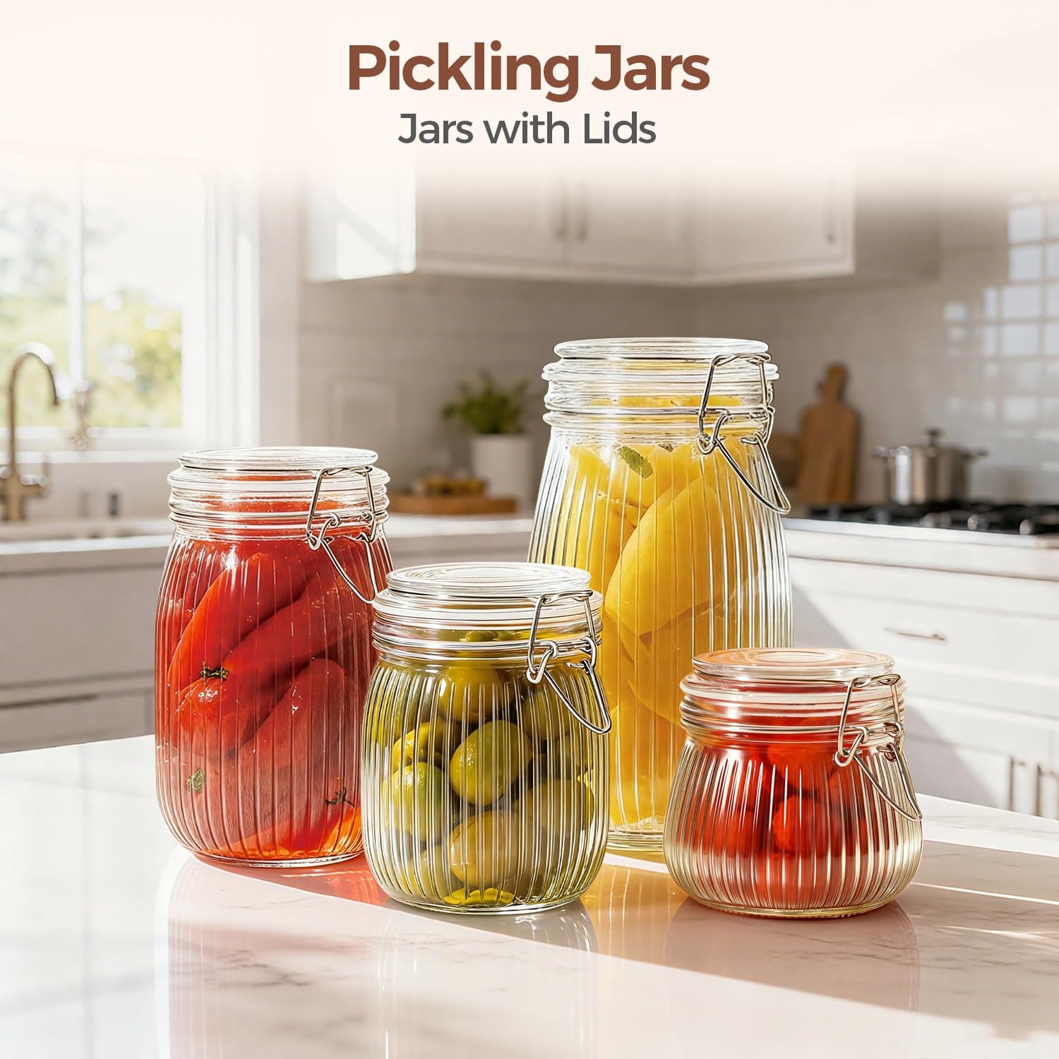 ComSaf Airtight Glass jar with lid 25oz Set of 6, Glass Storage Containers with Lids, Glass Canister, Mason Jars, Striped Clip Fastening Jar for Kitchen Canning, Oat, Coffee, Pasta, Snack, Nut, Candy