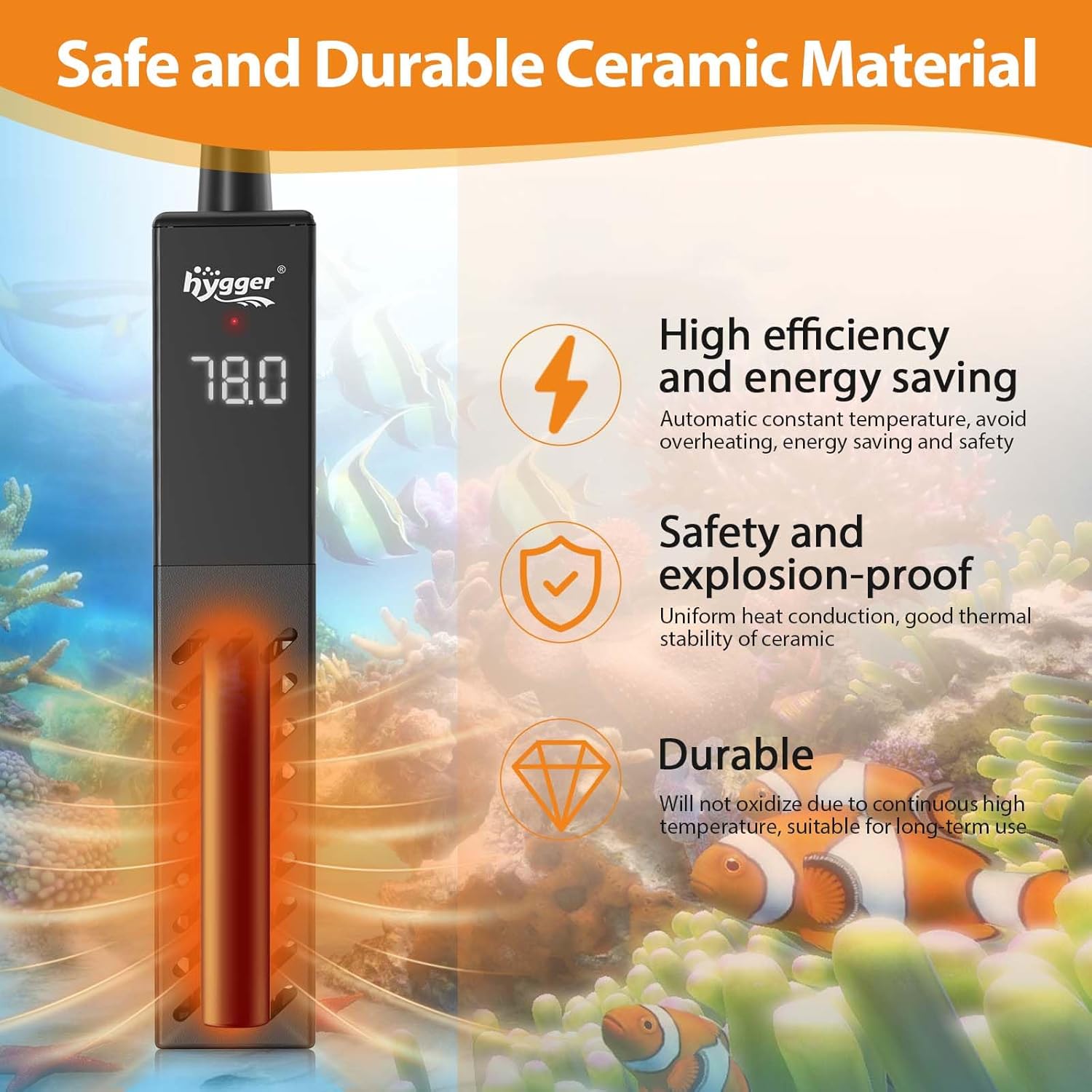 hygger Upgrade Ceramic Aquarium Heater, 200W Digital Fish Tank Heater with Automatic Power-Off and Over-Temperature Protection, Energy Saving Submersible Aquarium Heater for Freshwater and Saltwater
