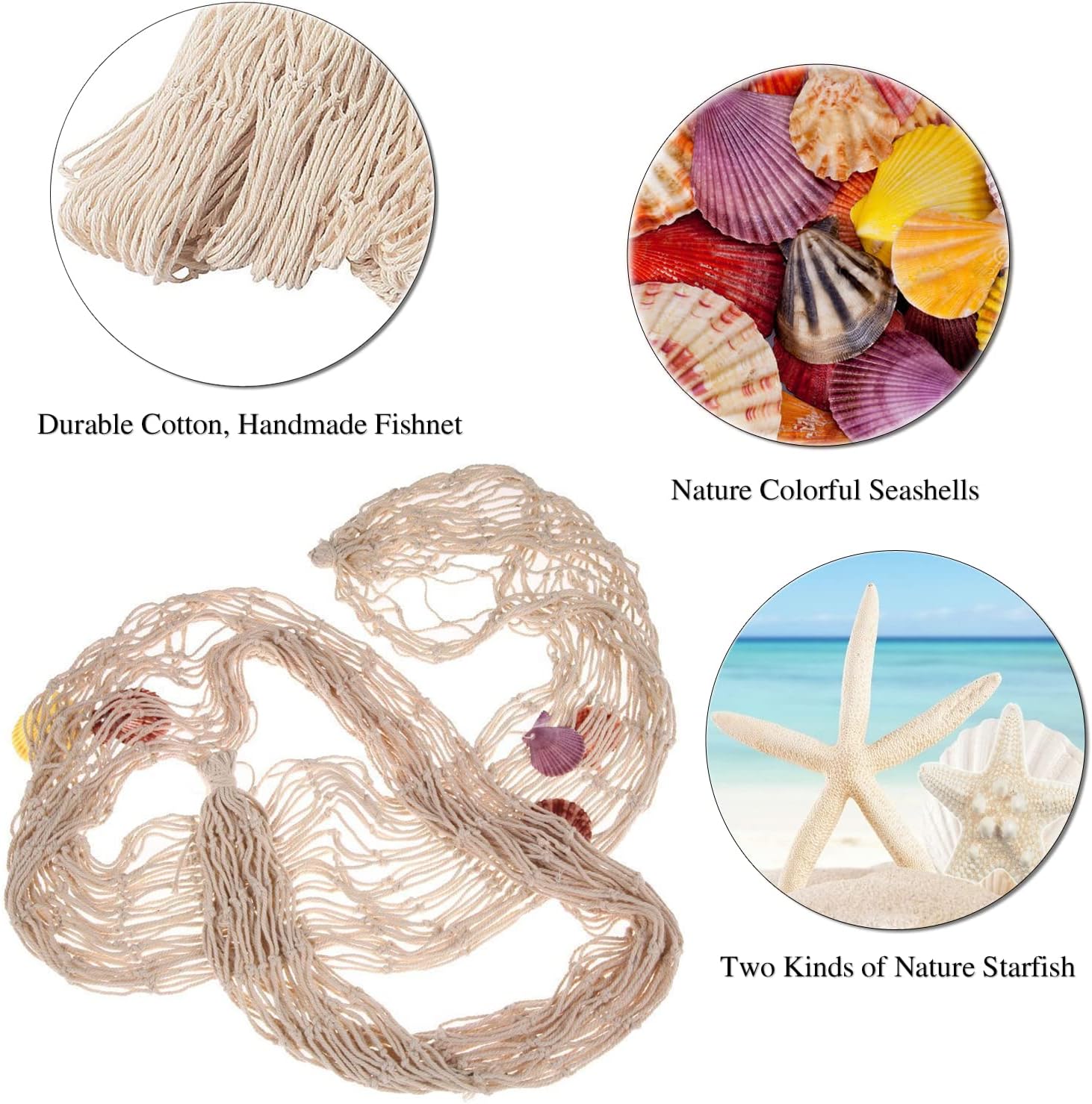 79 x 59 inch Nature Fish Net Wall Decoration with Colorful Sea Shells and 10 Pcs Natural Starfish Ocean Themed Mediterranean Style Fishing Net for Beach Party,Wedding,photography Wall Decoration