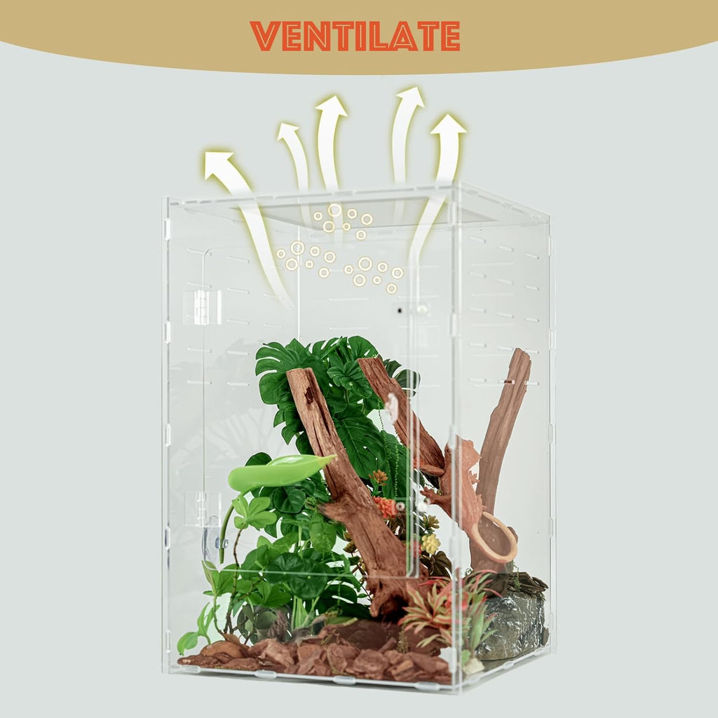 12x12x18 Reptile Tank 10 Gallon – Acrylic Reptile Enclosure Terrarium for Crested Gecko, Lizards, Spiders & Snakes – Clear Lizard Habitat Terrarium