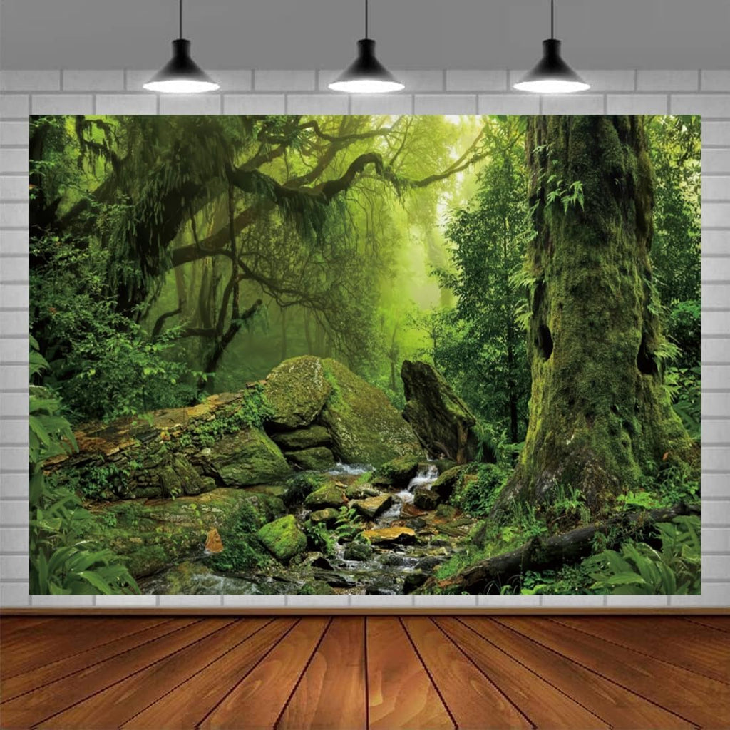 Enchanted Forest Backdrop 7x5ft Foggy Jungle Rainforest Mossy Trees Creek Nature Scenic Backdrop Fairytale Virgin Forest Backdrops for Wild One Safari Birthday Baby Shower Wedding VBS Party Decor