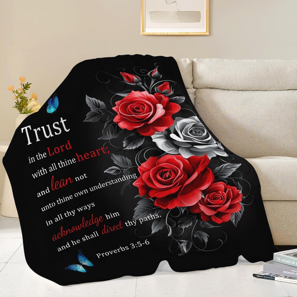 Christian Blanket Bible Verse Throw Blanket Red Rose Inspirational Religious Spiritual Gifts for Girls Boys Kids Adults Women Men Soft Cozy Plush Fluffy Fuzzy Fleece Blanket Decor 50''X60''