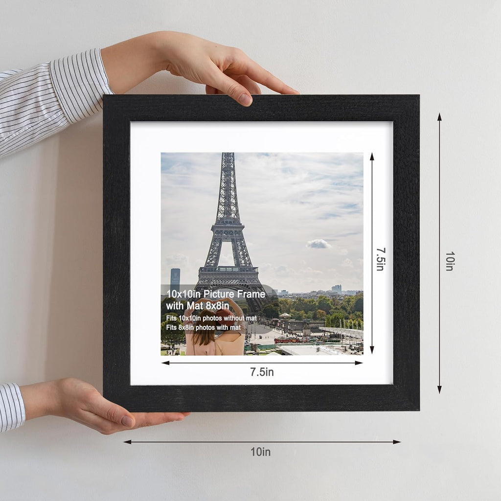 10x10 Picture Frame Set of 4, Made of Glass and Rustic Black Wooden Frame - Display Picture 8x8 with Mat or 10 x 10 Without Mat, 10 by 10 Photo for Wall or Tabletop