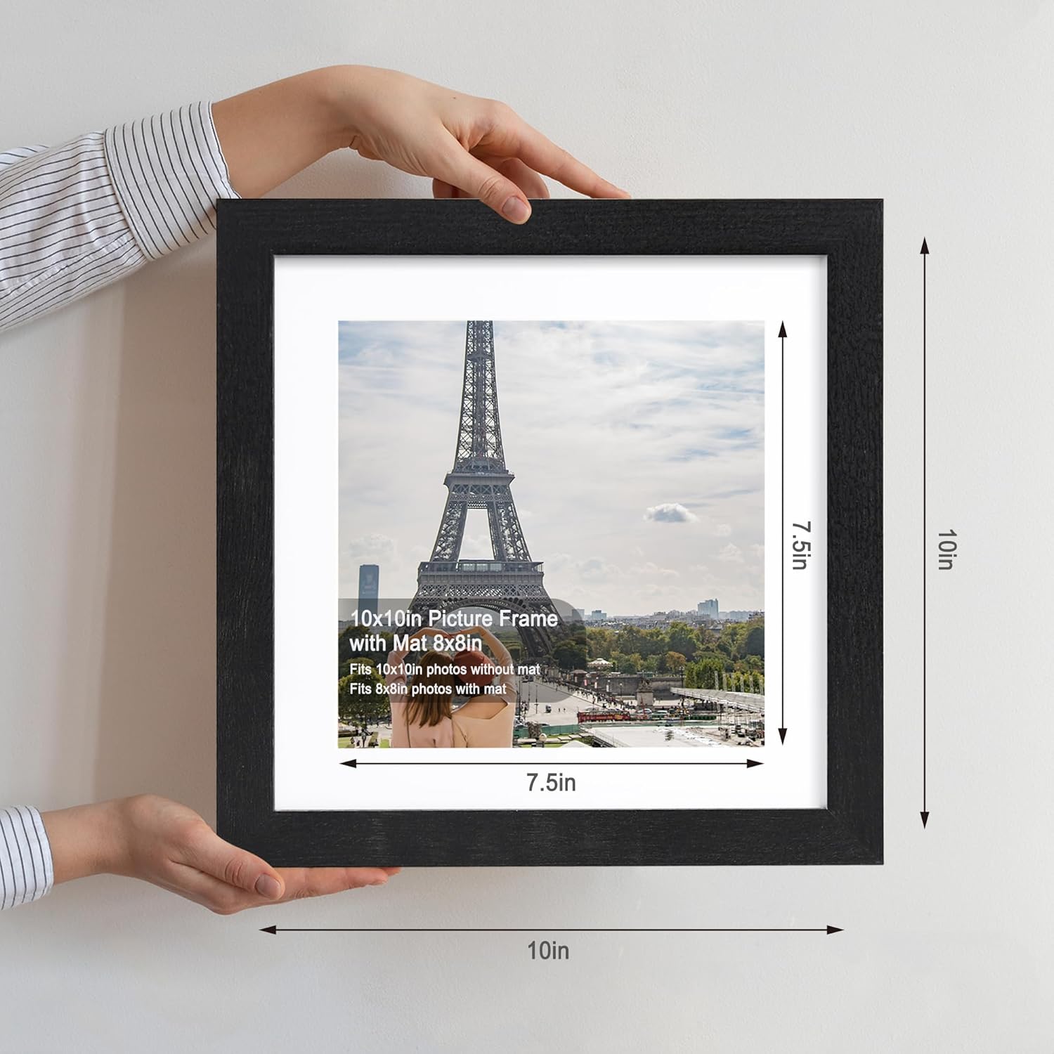 10x10 Picture Frame Set of 4, Made of Glass and Rustic Black Wooden Frame - Display Picture 8x8 with Mat or 10 x 10 Without Mat, 10 by 10 Photo for Wall or Tabletop