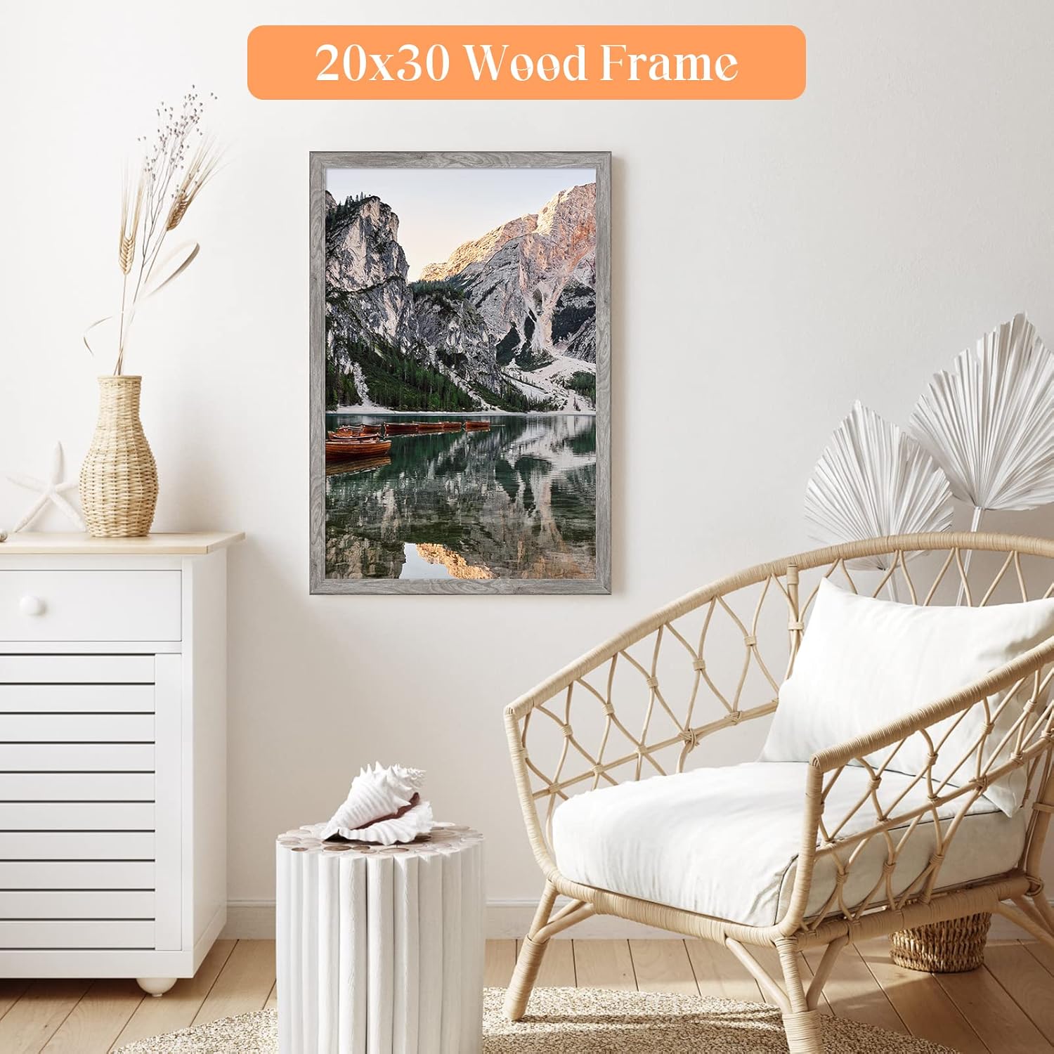 20x30 Solid Wood Frame Grey, Rustic Natural Woodgrain 30x20in Picture Poster Frame, Modern Gray 20 x 30inch Gallery Wall Pic Photo Frame with HD Plexiglass, Horizontal Vertical Wall Display 1pcs