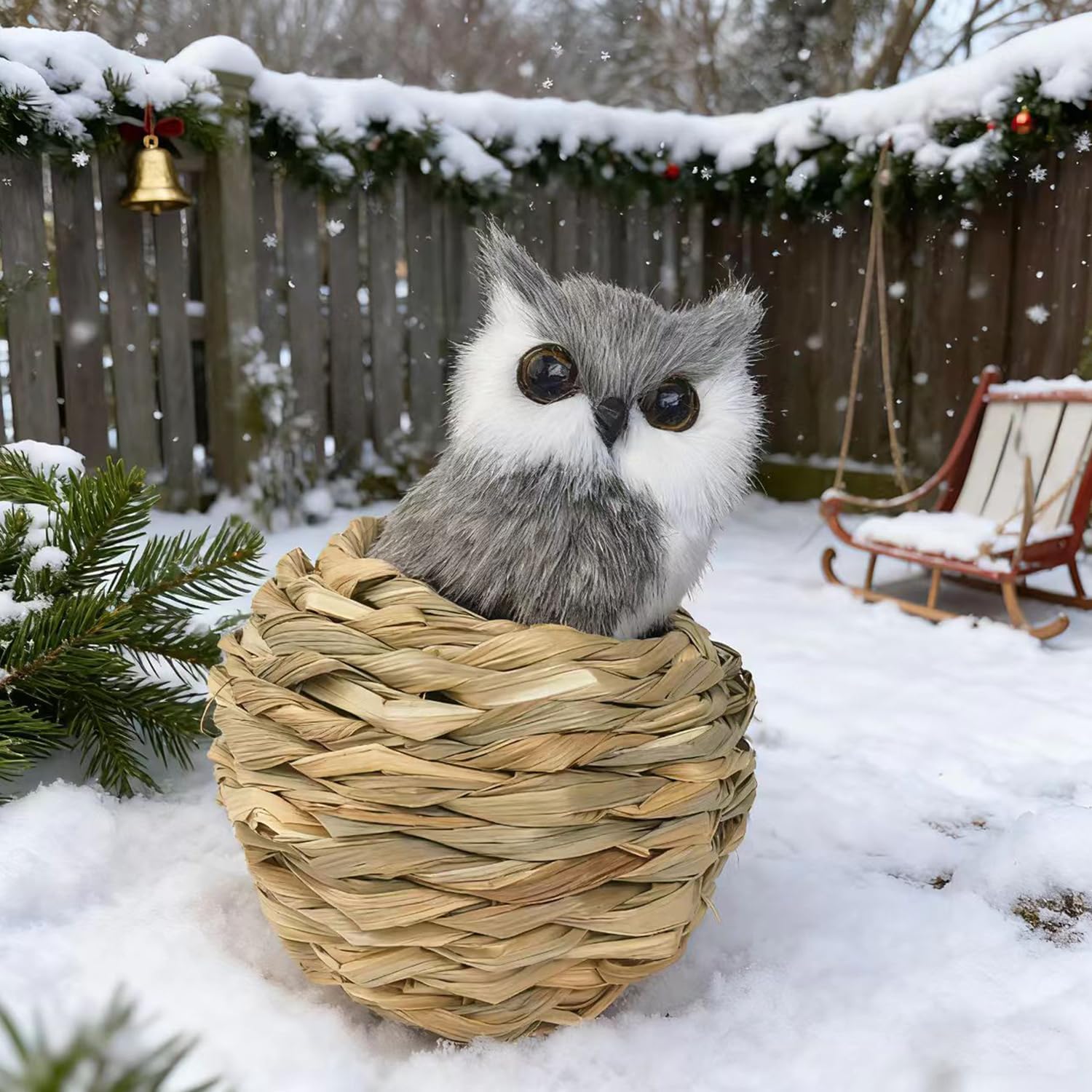3D Forest Animals Ornaments for Christmas Tree Woodland Furry Animal Ornament Handmade Bird Nest with Plush Animals for Xmas Tree Faux Fur Animal Hanging Decoration Home (4inch Nest & owl)