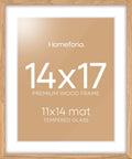 Homeforia 14x17 Natural Oak Wood Picture Frame with 11x14 Mat, Tempered Glass, Wall Hook Included