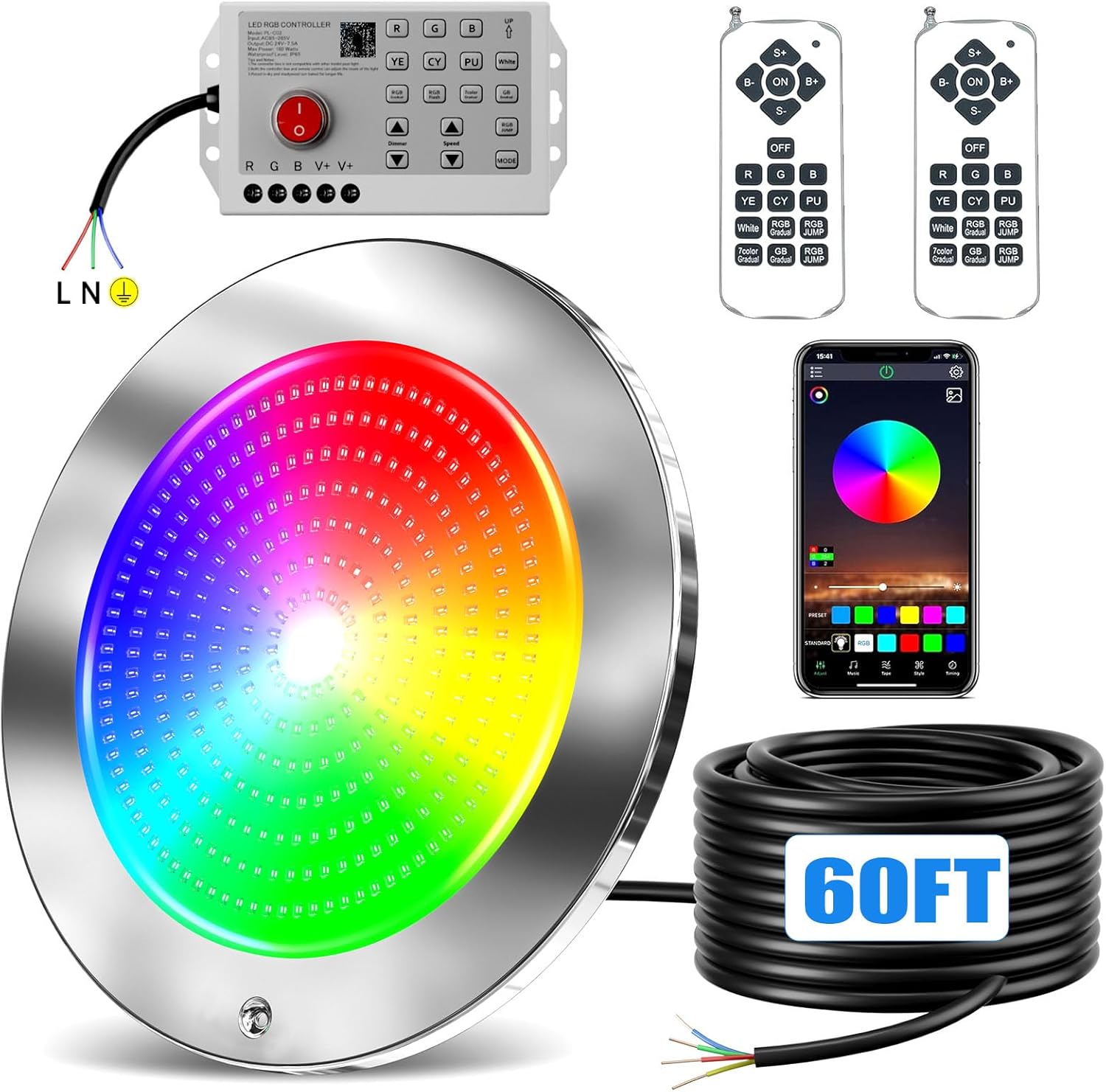 60ft Led Smart Pool Lights for Inground Pool with 3 Control Way (App/Remote/Controller), 54W 10 Inch Color Changing Underwater Swimming PoolLight for 10" Large Wet Niches