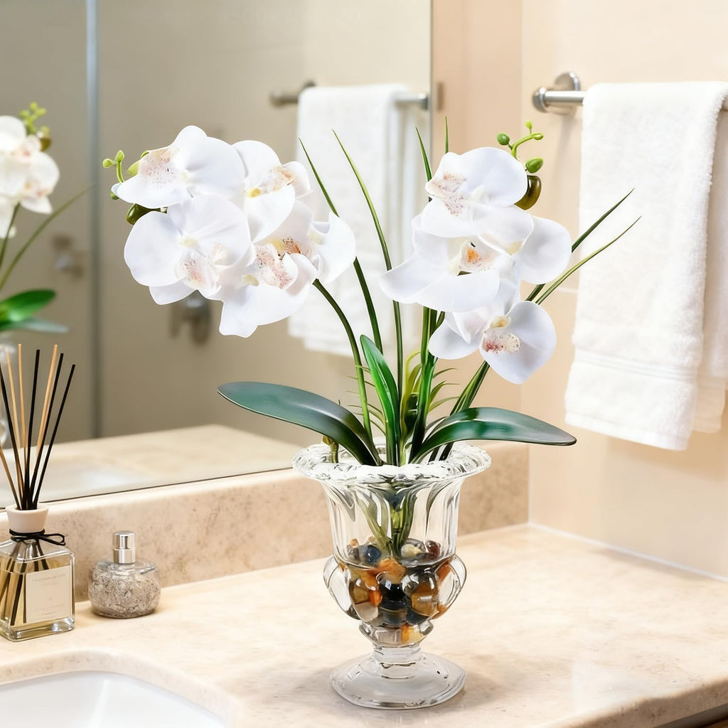 Jusdreen Artificial Orchid Centerpiece with Glass Vase, 14.5 Inch Lifelike Phalaenopsis Bonsai for Home Office Table Decor, White Orchid Arrangement with Potting