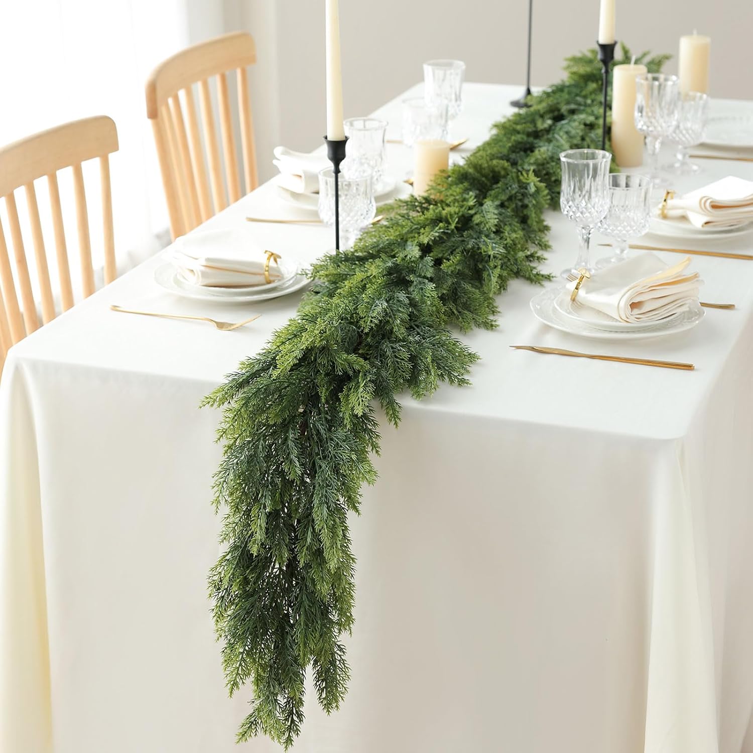 MIZII Christmas Garlands 6FT Thick Artificial Pine Garland Real Touch Green Faux Pines Vine Greenery Garland Christmas Decorations for Xmas Fireplace Mantle Home Decor Indoor Outdoor (Pine 6FT)