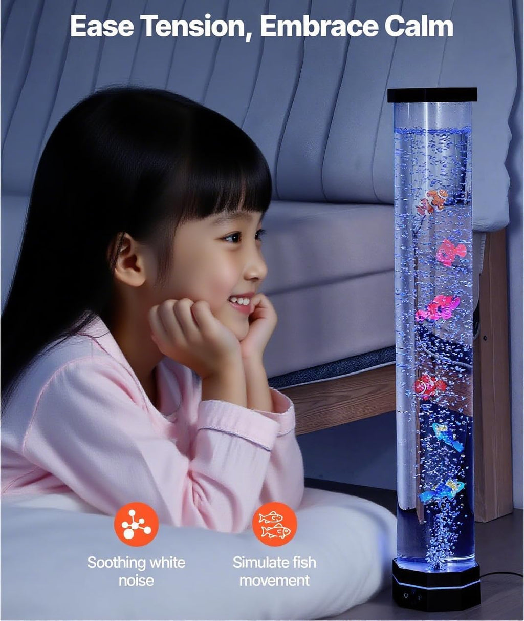 32'‘Extra Large Octagonal Bubble Aquarium Light,5’'Wide Sensory Tube with 5 Fish and Sharks,Stable 14cm Base,16 Color Variable Night Lights,Remote Control USB Powered,For Home and Office Decoration