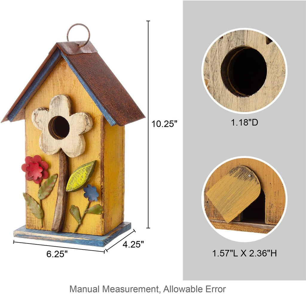 Glitzhome 10.25" Inch Wooden Bird House Hanging Distressed Flower Garden Birdhouse for Outdoor