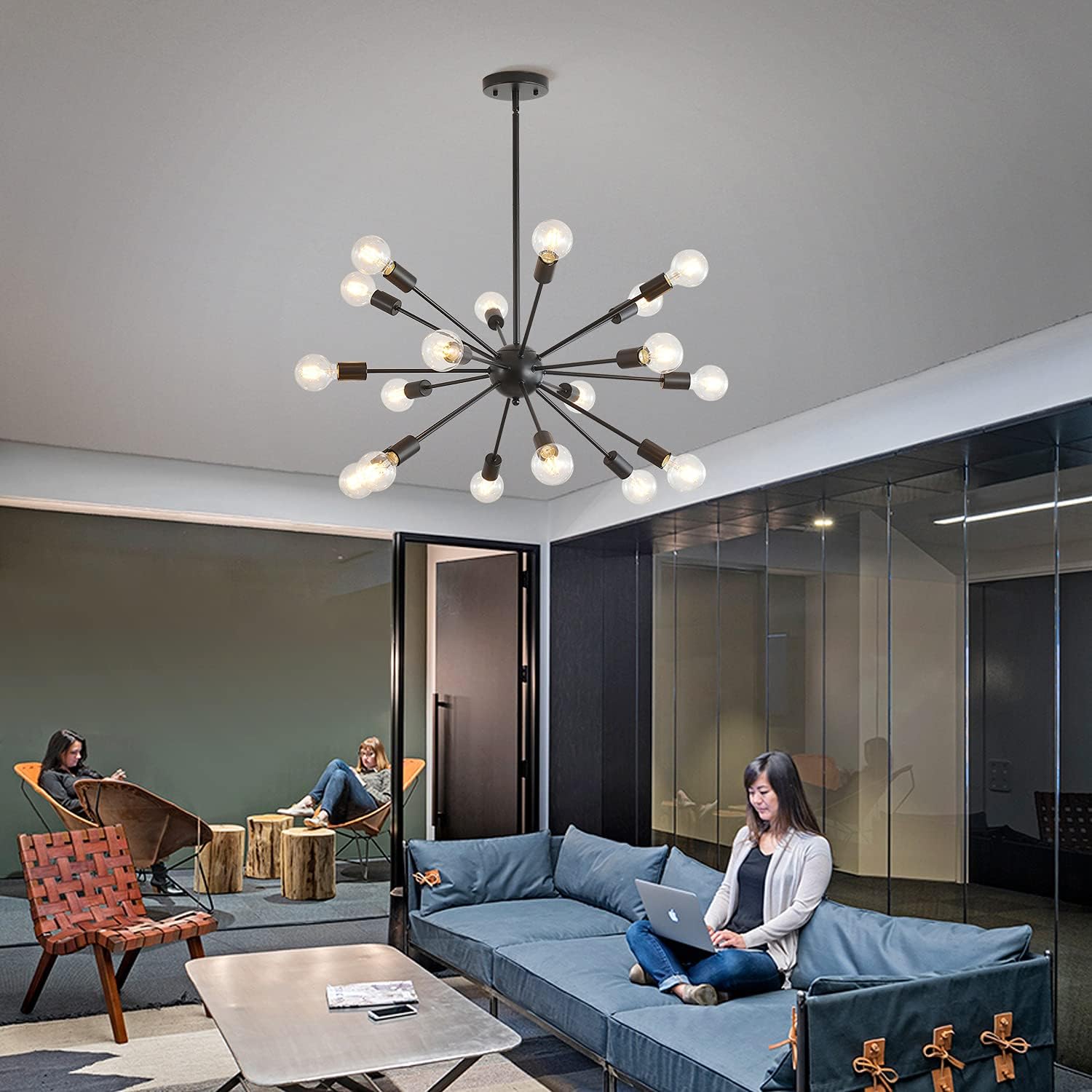 Mid-Century Sputnik Chandeliers 18-Lights, Modern Semi Flush Mount Ceiling Light Fixture Industrial Retro Hanging Lamps for Kitchen Living Room Dining Bedroom Corridor, Black（Bulb Not Included）