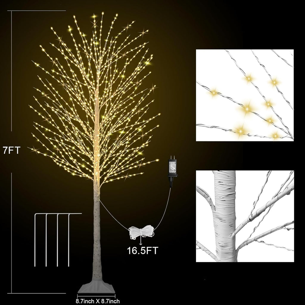 7FT Lighted Birch Tree, Birch Tree with 1200 LED Lights, 8 Twinkling Modes and Timer, Dimmable, Light Up Twig Christmas Tree for Indoor Outdoor Home Party Garden Wedding Decorations