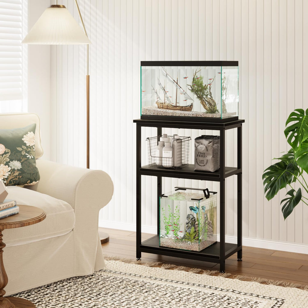 APPLOYN 5-10 Gallon Fish Tank Stand, Aquarium Stand with 3-Tier Storage Shelf, Heavy Duty Metal Frame for Turtle Reptile Terrarium Tank Stand, for Living Room, 20.5" L x 11.4" W x29.2" H, Black