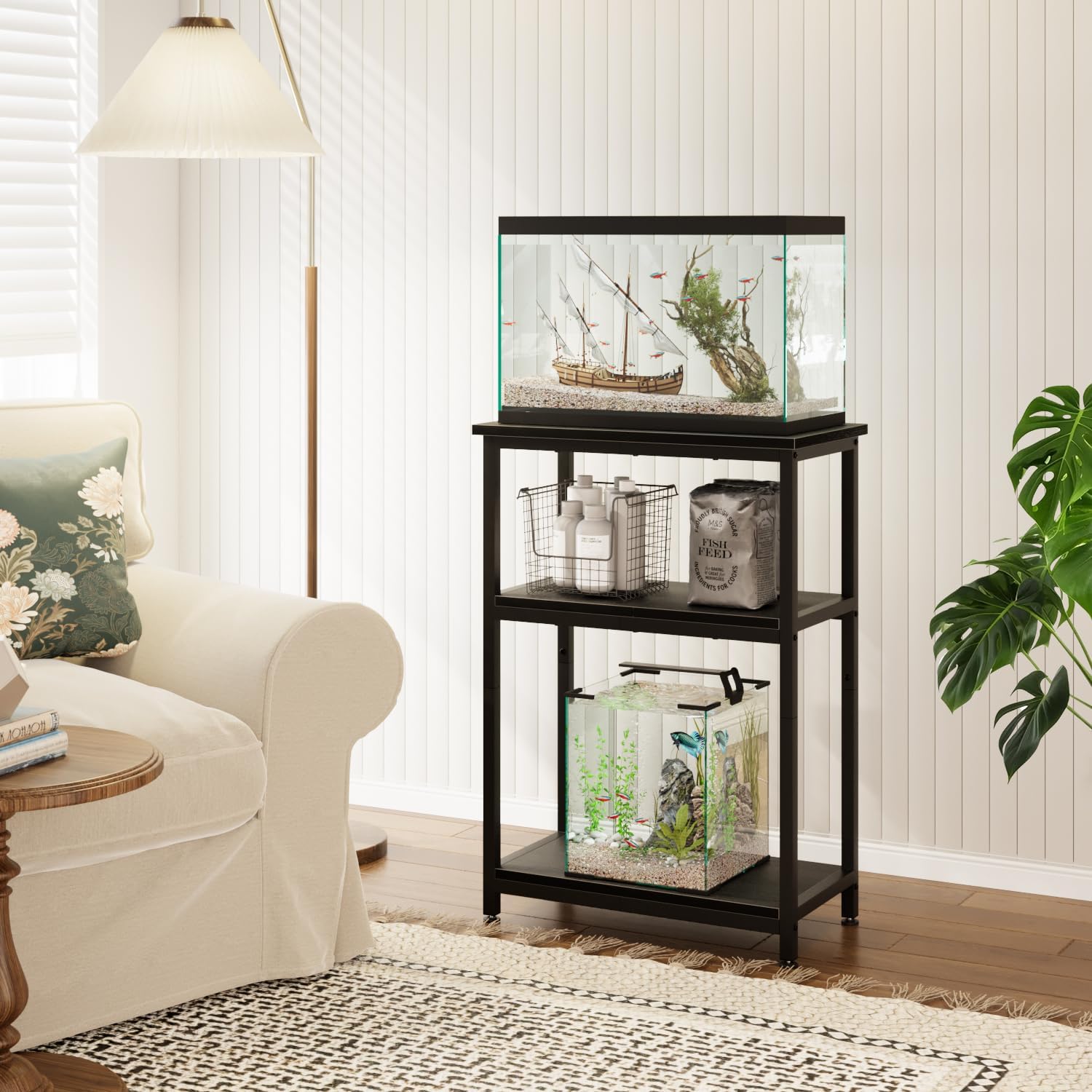 APPLOYN 5-10 Gallon Fish Tank Stand, Aquarium Stand with 3-Tier Storage Shelf, Heavy Duty Metal Frame for Turtle Reptile Terrarium Tank Stand, for Living Room, 20.5" L x 11.4" W x29.2" H, Black