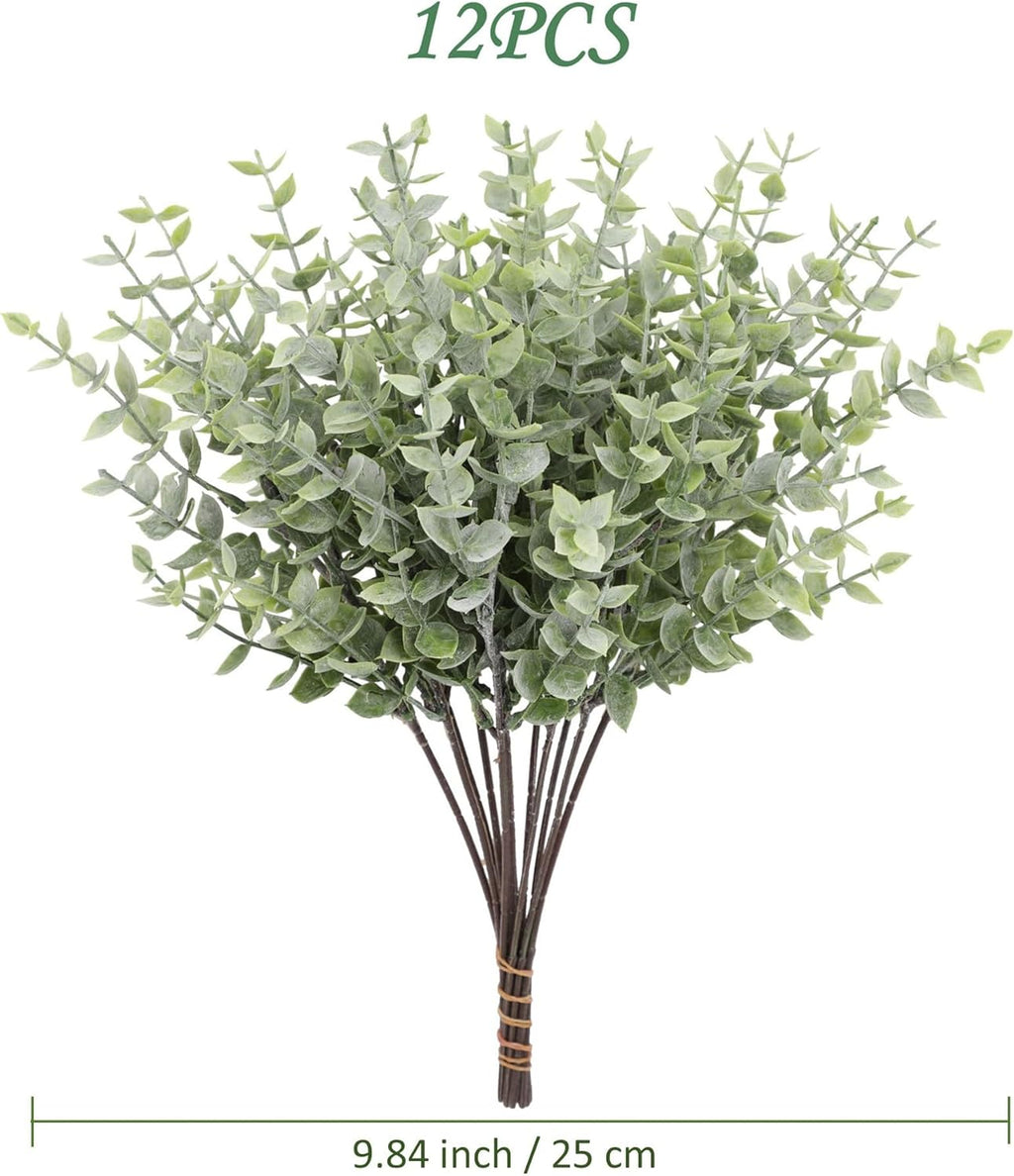 Artificial Eucalyptus Stem, Green Leaves, 12 Pack Green Faux Plant Branch, 12 inch Single Spray Fake Plants for Garden Office Patio Wedding Farmhouse Indoor Decoration