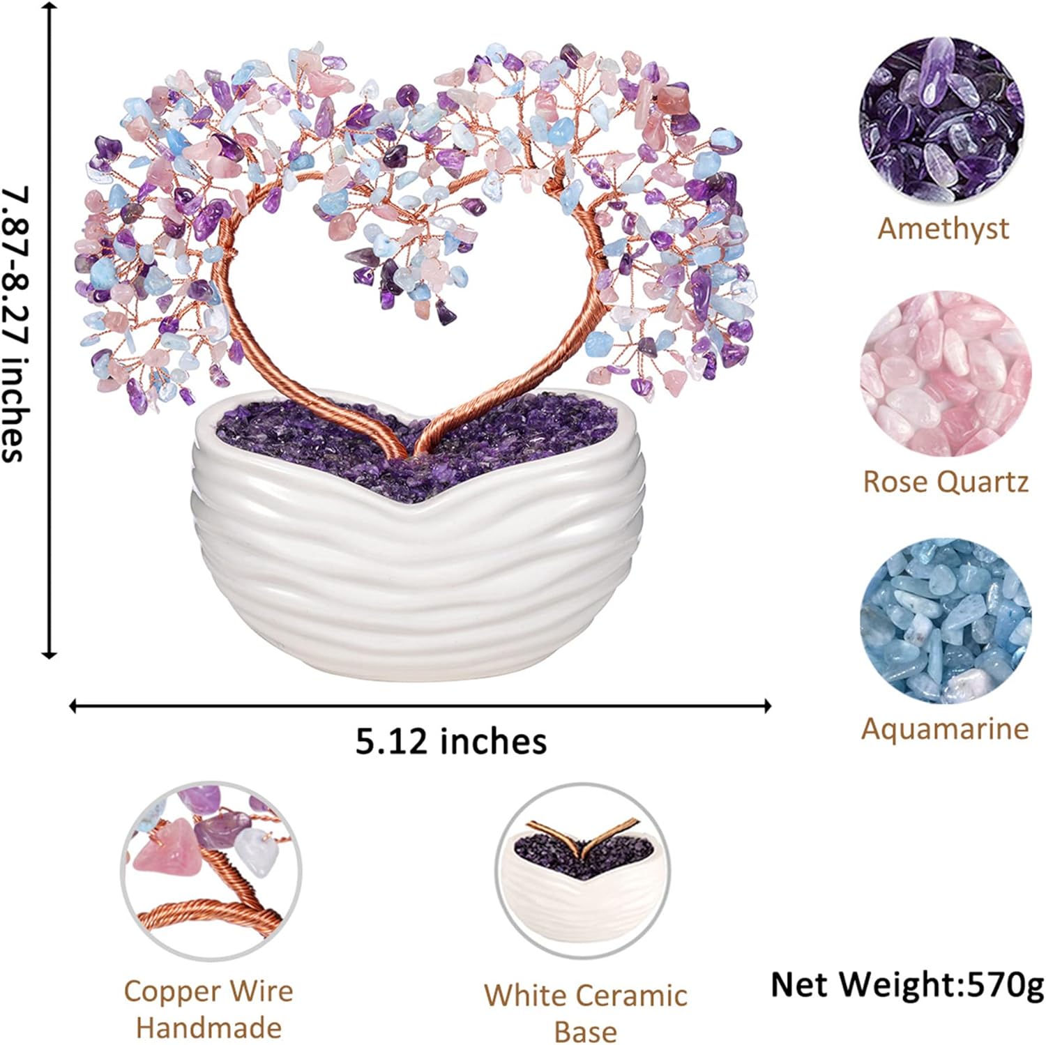 GEHECRST Healing Crystal Heart Tree Handmade Amethyst Rose Quartz Aquamarine Crystal Gemstone Money Tree Feng Shui Ornament for Home Office Desk Decor Gifts for Mom Women Christmas