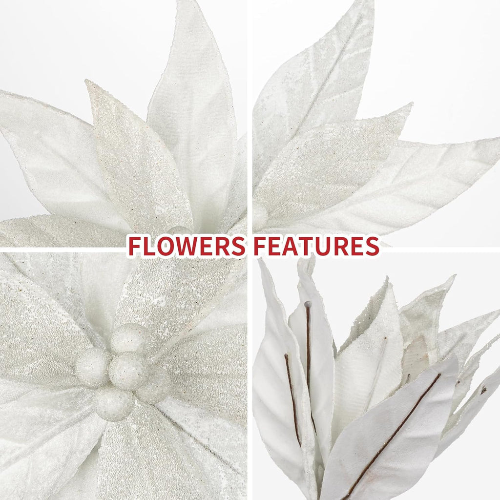 Hollyone 3PCS Poinsettia Christmas Flowers Artificial 11" Large Velvet White Glitter Poinsettia Flowers Christmas Tree Ornaments Floral Picks for Tree Wreath Garland Vase Table Centerpiece Home Decor