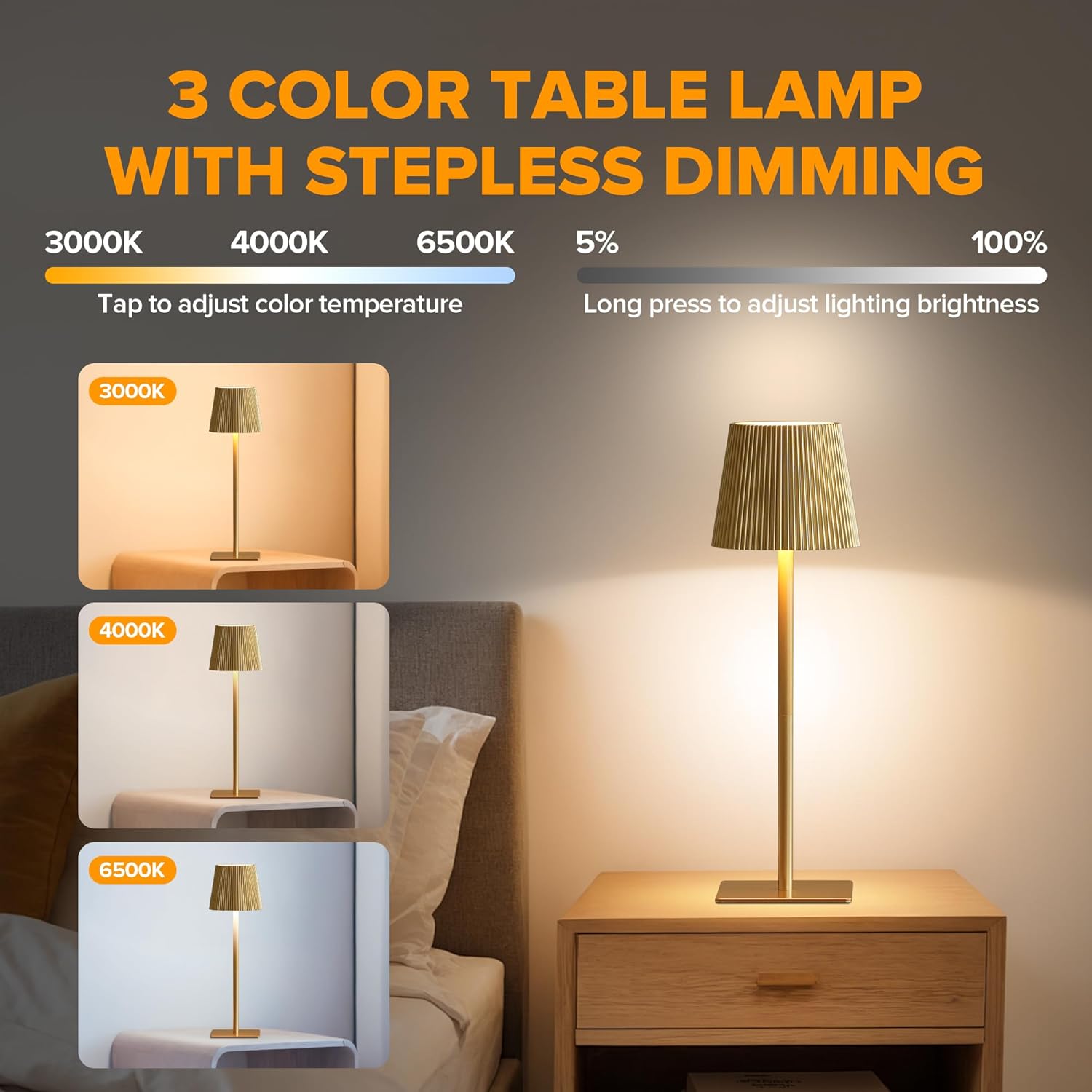 LUTEC 2 Pack Cordless Table Lamp,6000mAh Rechargeable Battery Operated Desk Lamp,Two Adjustable Heights,Waterproof, Touch Control & 3 Color Stepless Dimming for Restaurant/Bedroom/Bars/Outdoor (Gold)