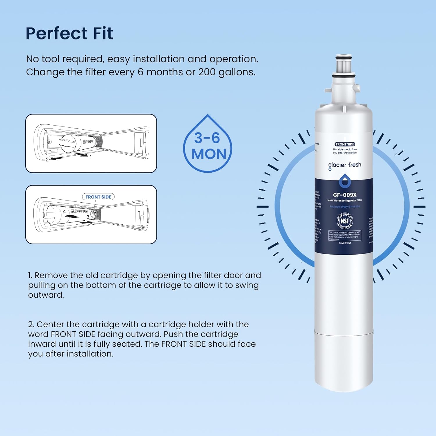 GLACIER FRESH Replacement for RPWFE, RPWF (Built-in CHIP) Refrigerator Water Filter, Compatible with GFE28GYNFS, GFE28GELDS, PFE28KELDS, PFE28KYNFS, GFD28GELDS, PWE23KELDS, PWE23KMKES, 2 Pack