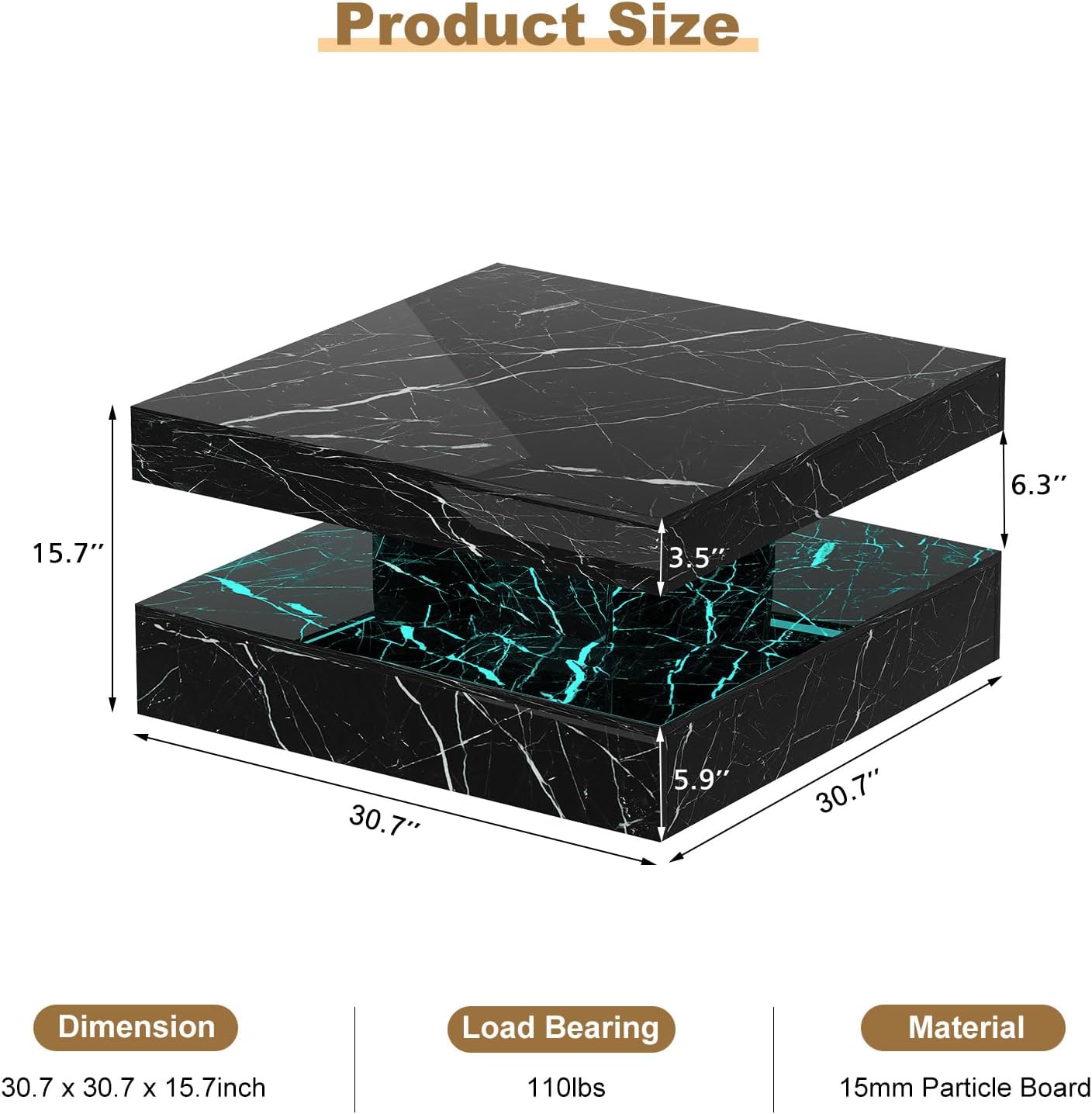 Black Marble LED Coffee Table for Living Room, Living Room Table 2-Tier Square Middle Center Table, Modern Coffee Tables with Storage, Contemporary Wood Tea Tables for Dining Reception