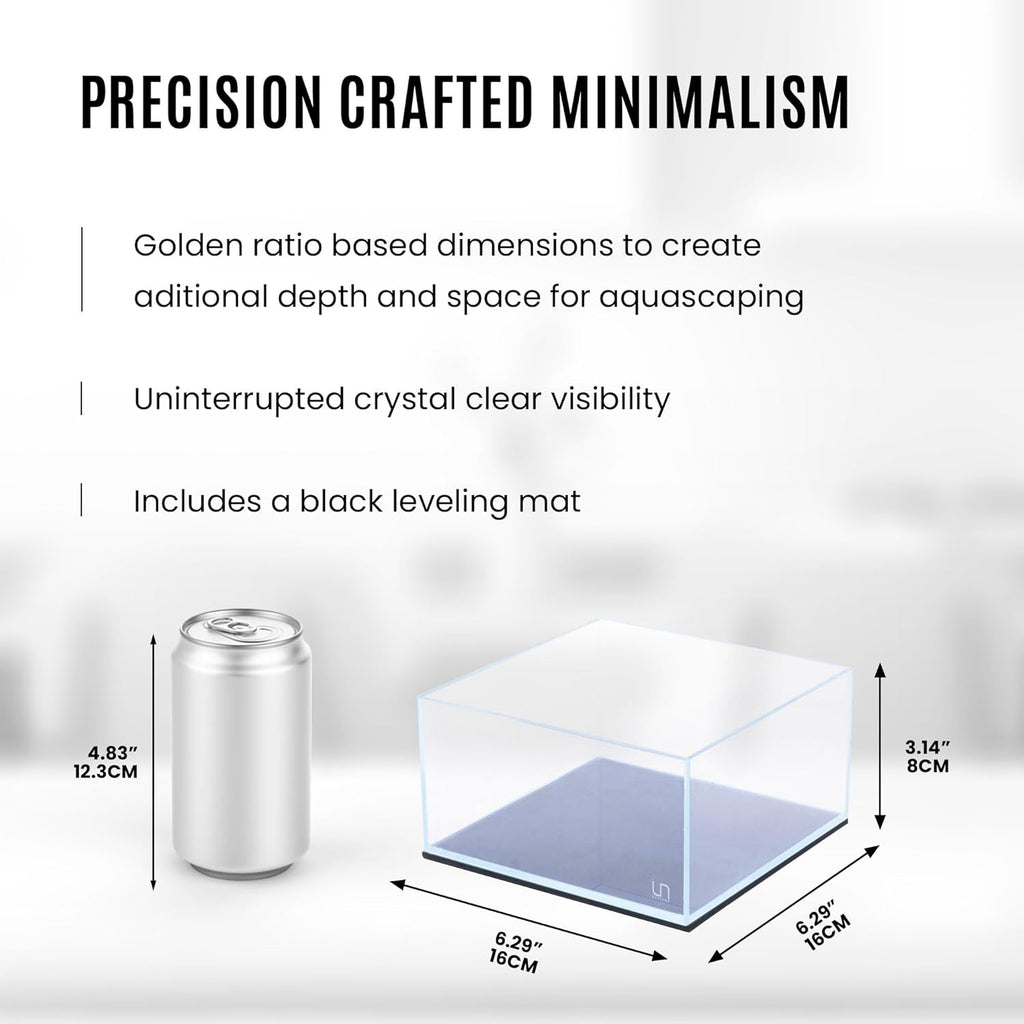 UNS Ultra Clear Rimless Tank - 0.5GAL | 2L - 6.29x6.29x3.14 | 16x16x8 CM, 5mm Glass Thickness, Leveling Mat Included - Low Iron, High Clarity Fish Tank w/ 45° Mitered Edge - [16S]