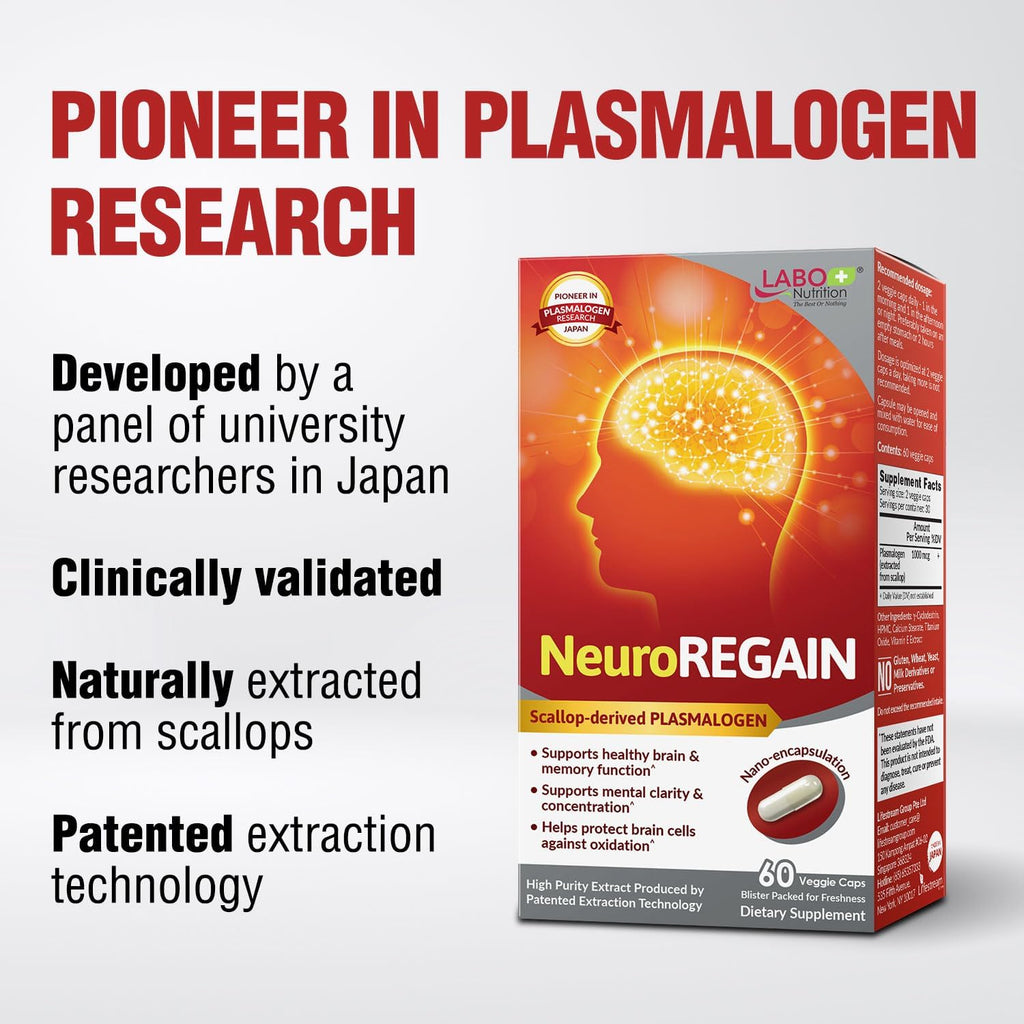 LABO Nutrition NeuroREGAIN - Scallop-derived PLASMALOGEN for Brain Deterioration, Memory, Alertness, Learning, Concentration and Other Cognitive Functions – Suitable for Seniors, Adult Men & Women