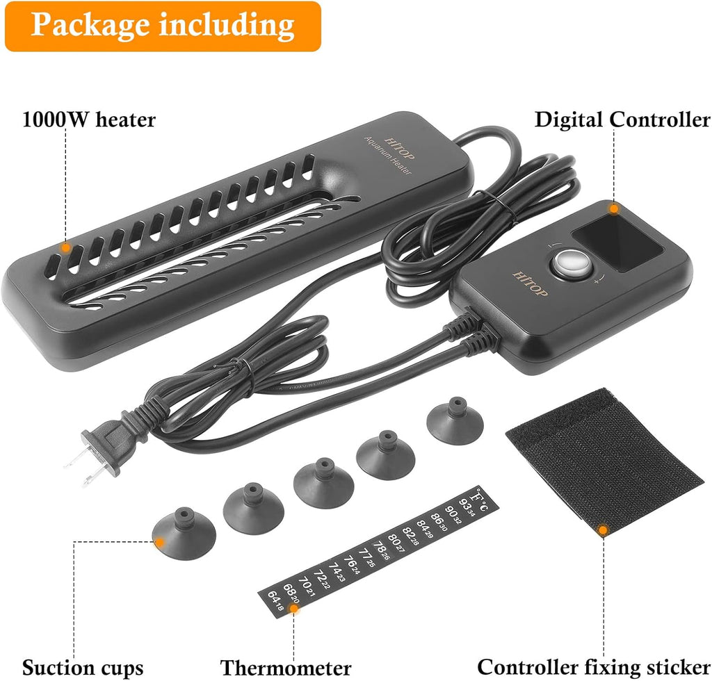 HITOP 1000W Digital Aquarium Heater: Titanium Fish Tank Heater with Temperature Control Device, Submersible Heater for Freshwater/seawater up to 300 Gallon